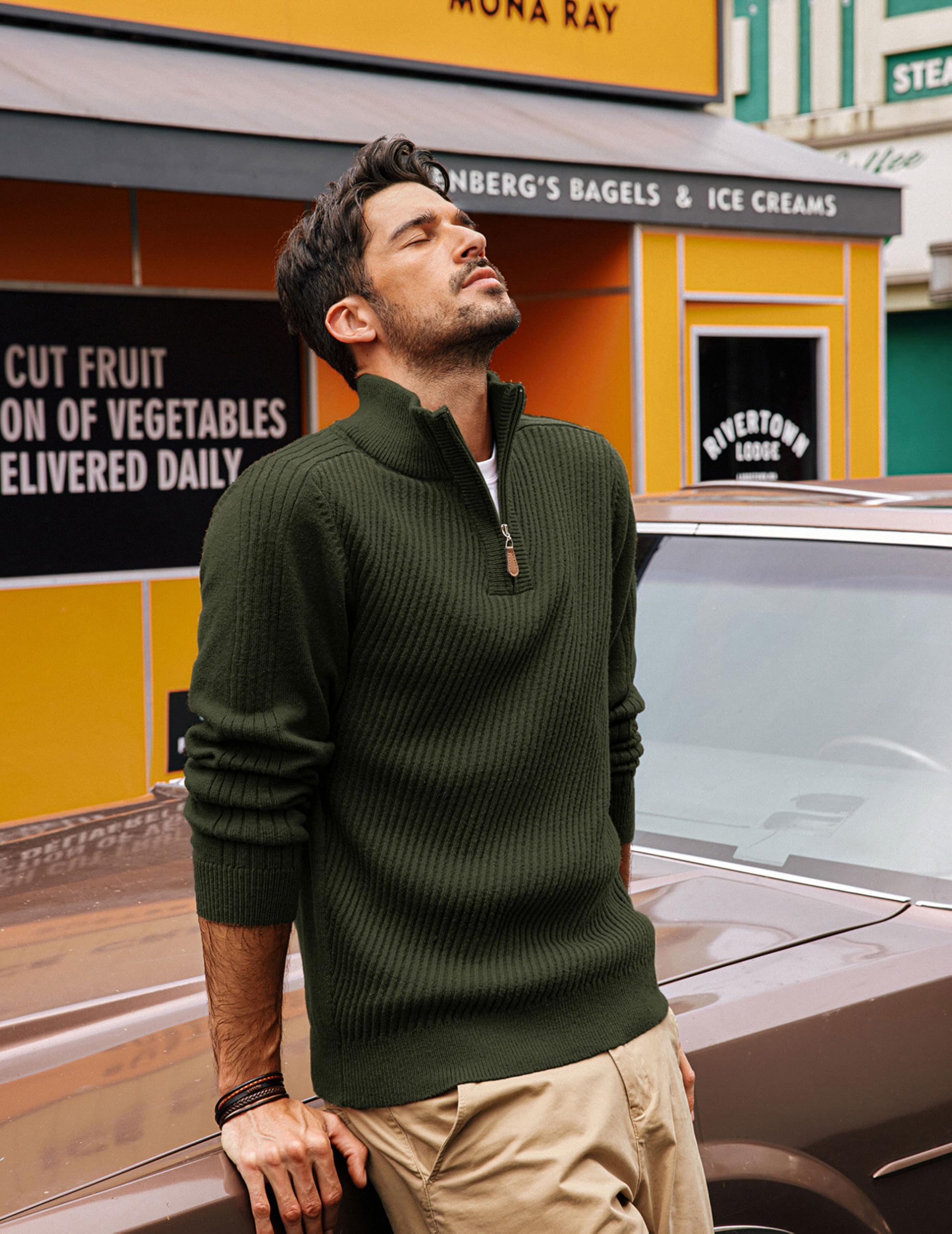 PJ PAUL JONES Suéteres de punto con cremallera de un cuarto para hombre, estilo casual, corte entallado, con textura | Jersey ajustado de cuello alto para suéteres de otoño e invierno