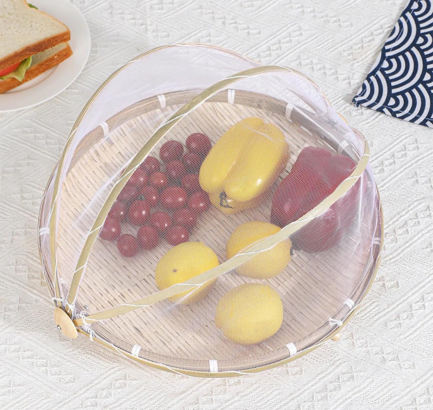AADHIK Fruit Basket Bamboo with Pop-Up Mesh Cover | Vegetable Storage Organizer | Kitchen Accessories | Round Breathable Basket with Net Lid | Dining Table Fresh Fruit Holder Mosquito Protection-picture-30