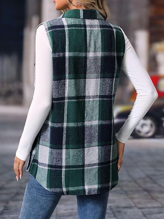 Wowcarbazole Womens Plaid Vest Button Down Sleeveless Lapel Neck Long Vest Tops Outerwear Casual Flannel Waistcoat Jackets