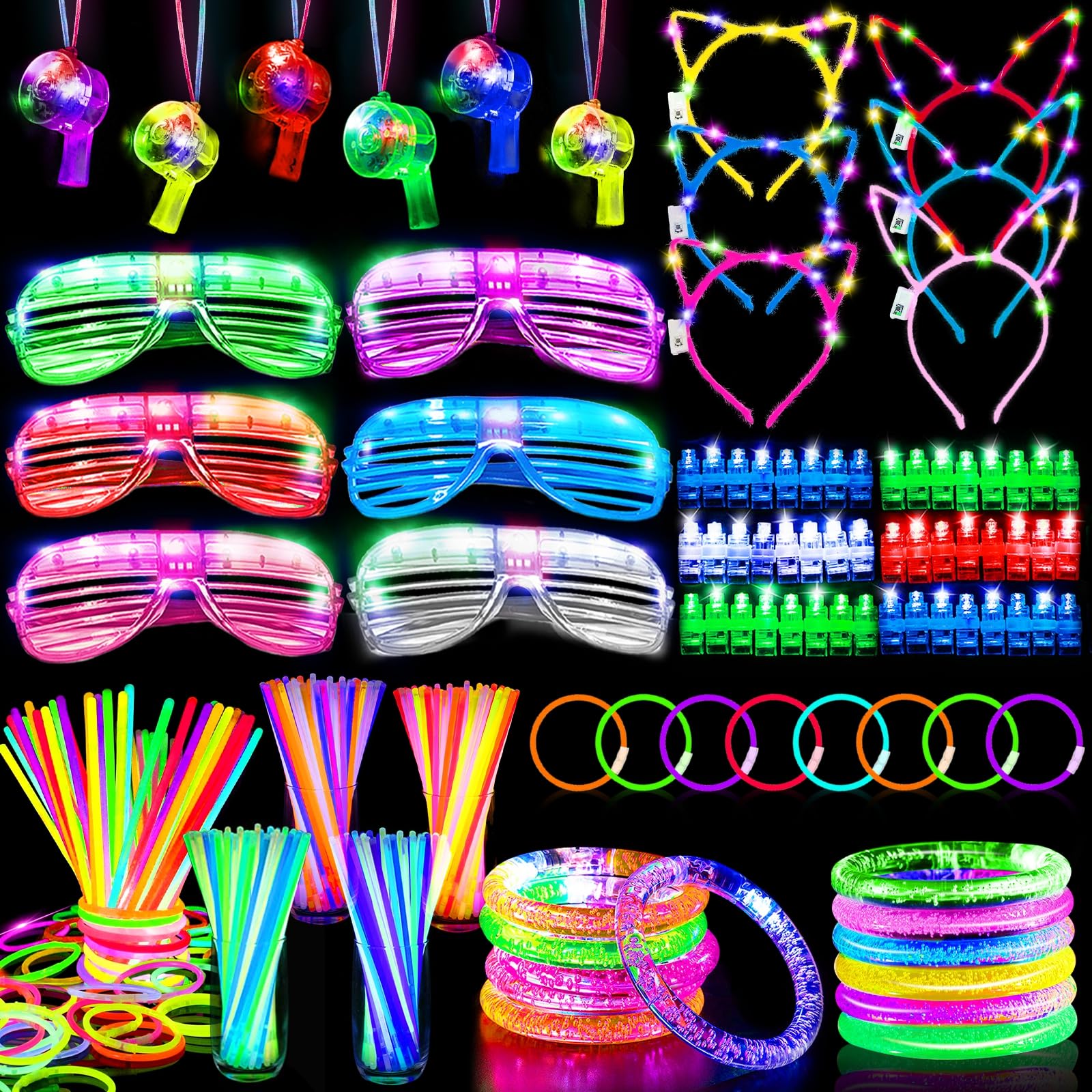 Photo 1 of 178 Pcs Glow In The Dark New Years Eve Party Supplies 2026 Decorations with 6 Led Glasses 6 Light Up Headbands 12 Flashing Bracelets 6 Noise Makers Necklaces 100 Glow Sticks Party Favors for New Years