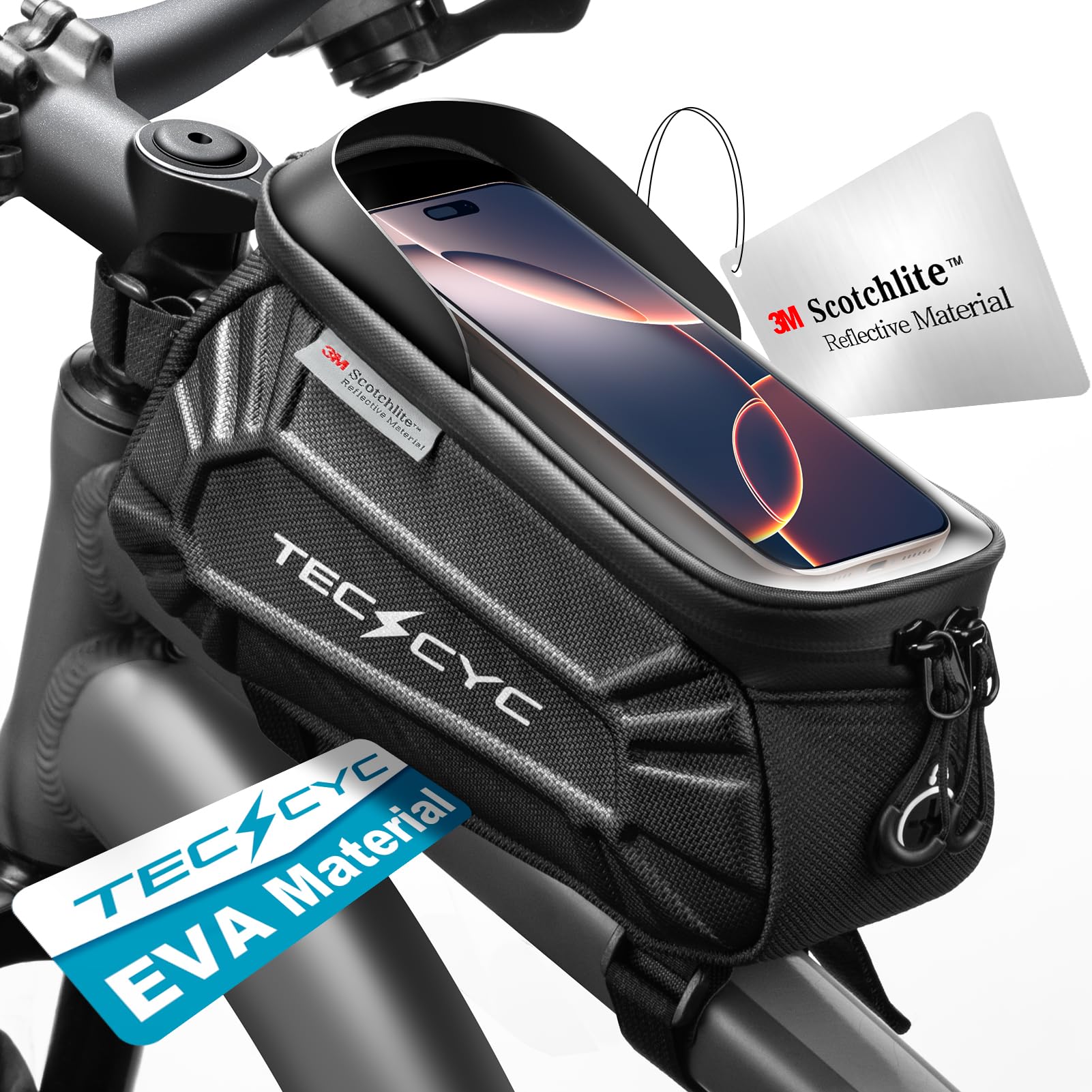 TECHCYC Borsa Telaio Bici con Riflettente, Borsa Bici con Touchscreen TPU,Borsello Tubo Anteriore Bici Impermeabile Antigraffio Tasca Cellulare 7 Pollici,per MTB,Bici Gravel,Bici Strada,Bici Elettrica