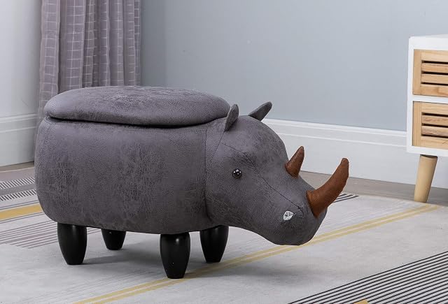 Hallowood Furniture Upholstered Rhino Foot Stool for Kids and Adults in Grey Fabric  Animal Storage Ottoman with Lid for Living Room  Footstool for Lounge - Toy Storage Chest for Bedroom