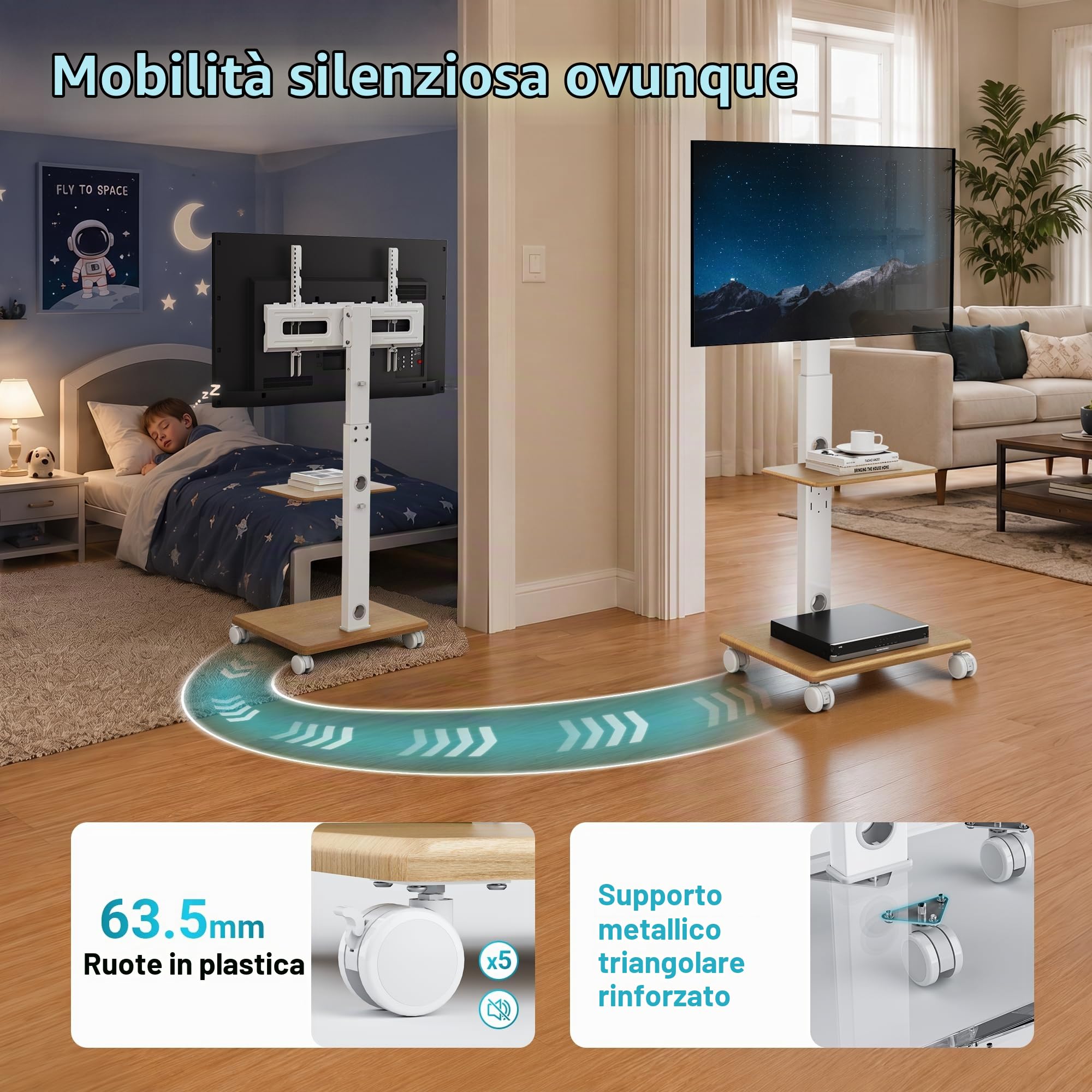 BONTEC Supporto TV da Pavimento con Base in Legno per TV 32-80 Pollici | con 5 ruote, portata 60 kg, VESA 600x400 mm, altezza 1210-1500 mm, girevole e inclinabile, Bianco