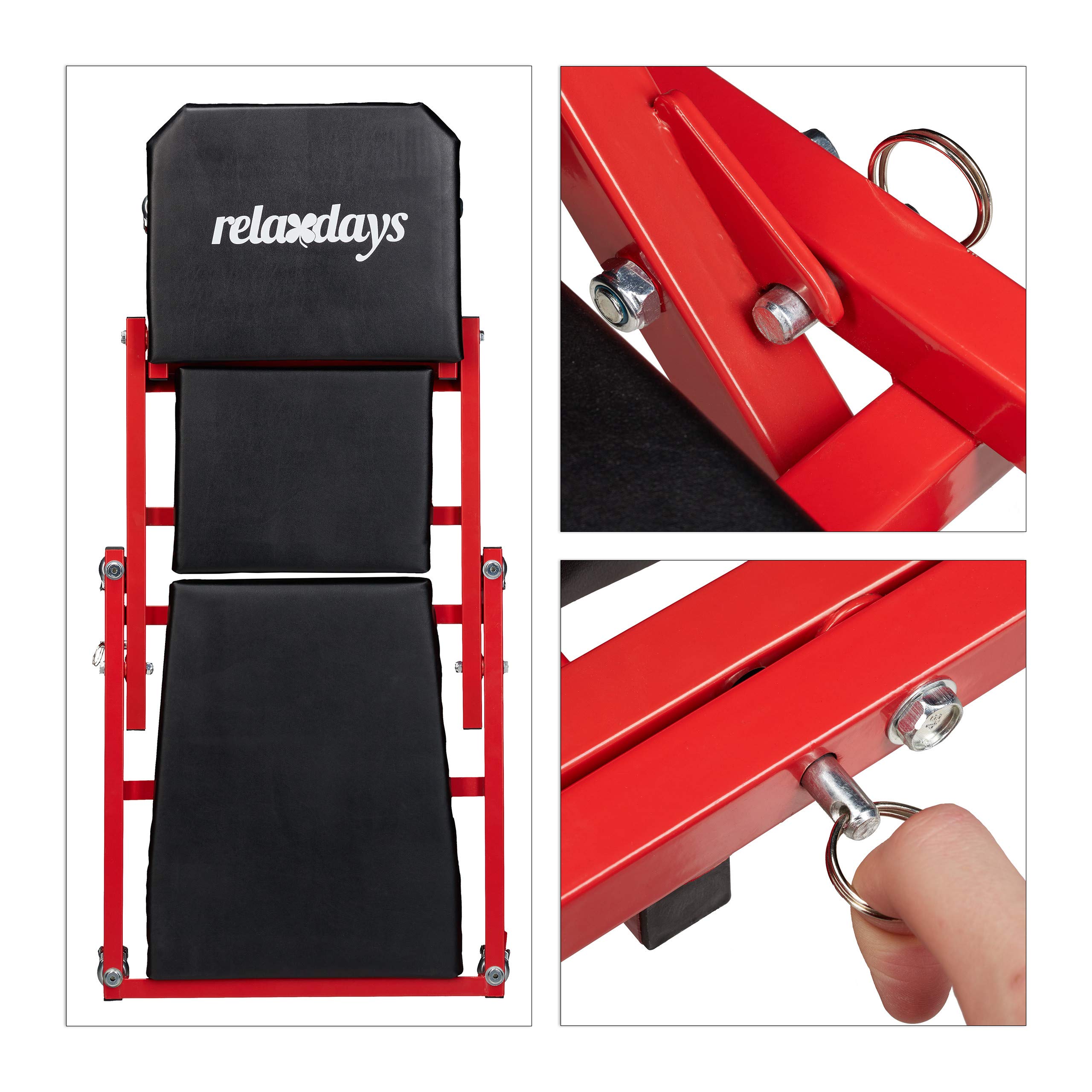 Relaxdays Camilla Mecánico, Taburete Taller, Hasta 150 kg, Camilla Convertible en Asiento Plegable, 360°, Acero, Negro