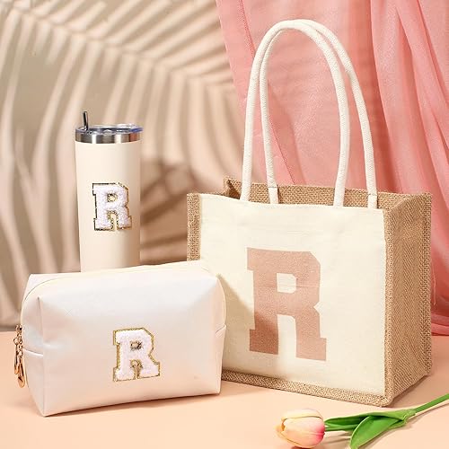 Miniatura 5 de Bolsa de viaje personalizada para mujer, 3 unidades, regalo con inicial, cosméticos de 20 onzas, bolsa de mano con asas, taza de novia con tapa y