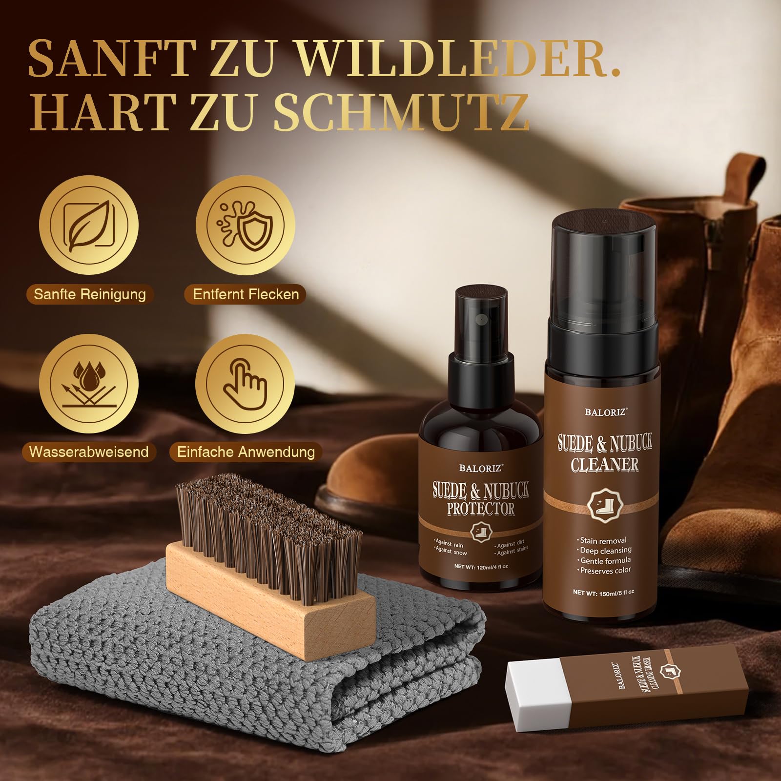Wildleder- und Nubuk-Pflegeset: Reiniger, Schutz, Wildlederbürste und -radierer: Reinigen, schützen und restaurieren Sie Schuhe, Stiefel, Uggs, Möbel, Jacken, Taschen und Kleidung. Sicher für jede Far