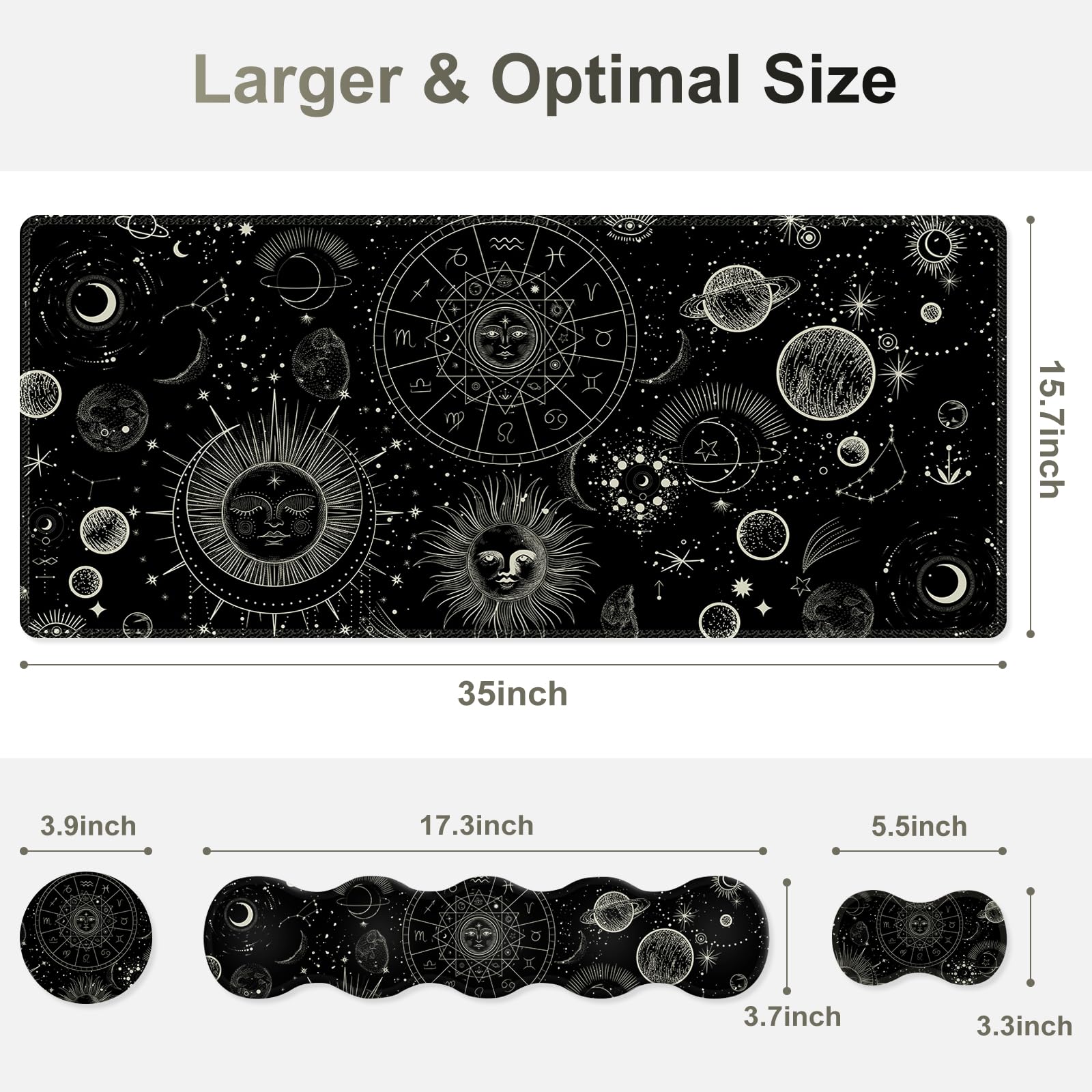 NXZGO Gaming Mouse Pad Keyboard Wrist Support, 4 in1 Mousepad Set with Wrist Keyboard Rest, Computer Desk Mat, Non-Slip Desk Pad Protector with Memory Foam Easy Typing Pain Relief I Moon Sun Cosmic