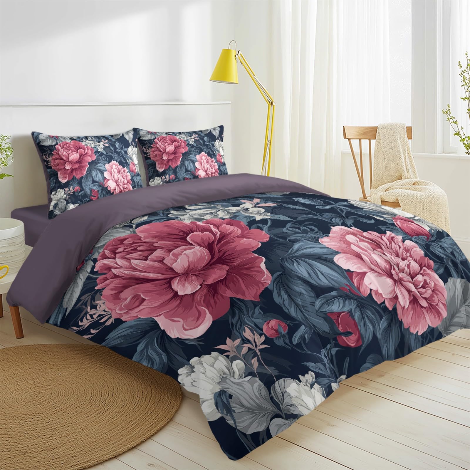 Générique Retro Floral Poszwa na kołdrę Zestaw pościeli 4-częściowy Piwonia Róża, Zestaw pościeli z mikrofibry Fioletowy wzór Pościel z 2 poszewkami na poduszki i 1 prześcieradłem z gumką 200 x 200 cm