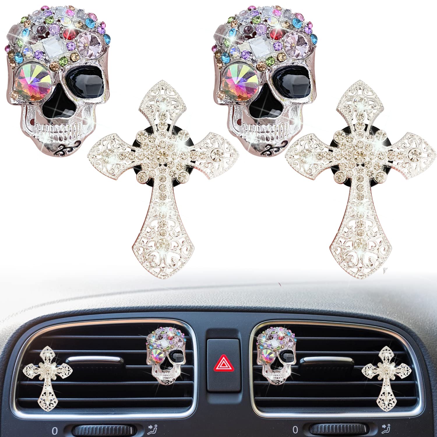 Bling Skull & Cross Air Vent Clips, 4 Pcs Crystal Skull Car Air Fresheners Vent Clips Car Diffuser Vent Clip Rhinestone Diamond Car Decoration Cute Car Interior Decor Bling Car Accessories for Women