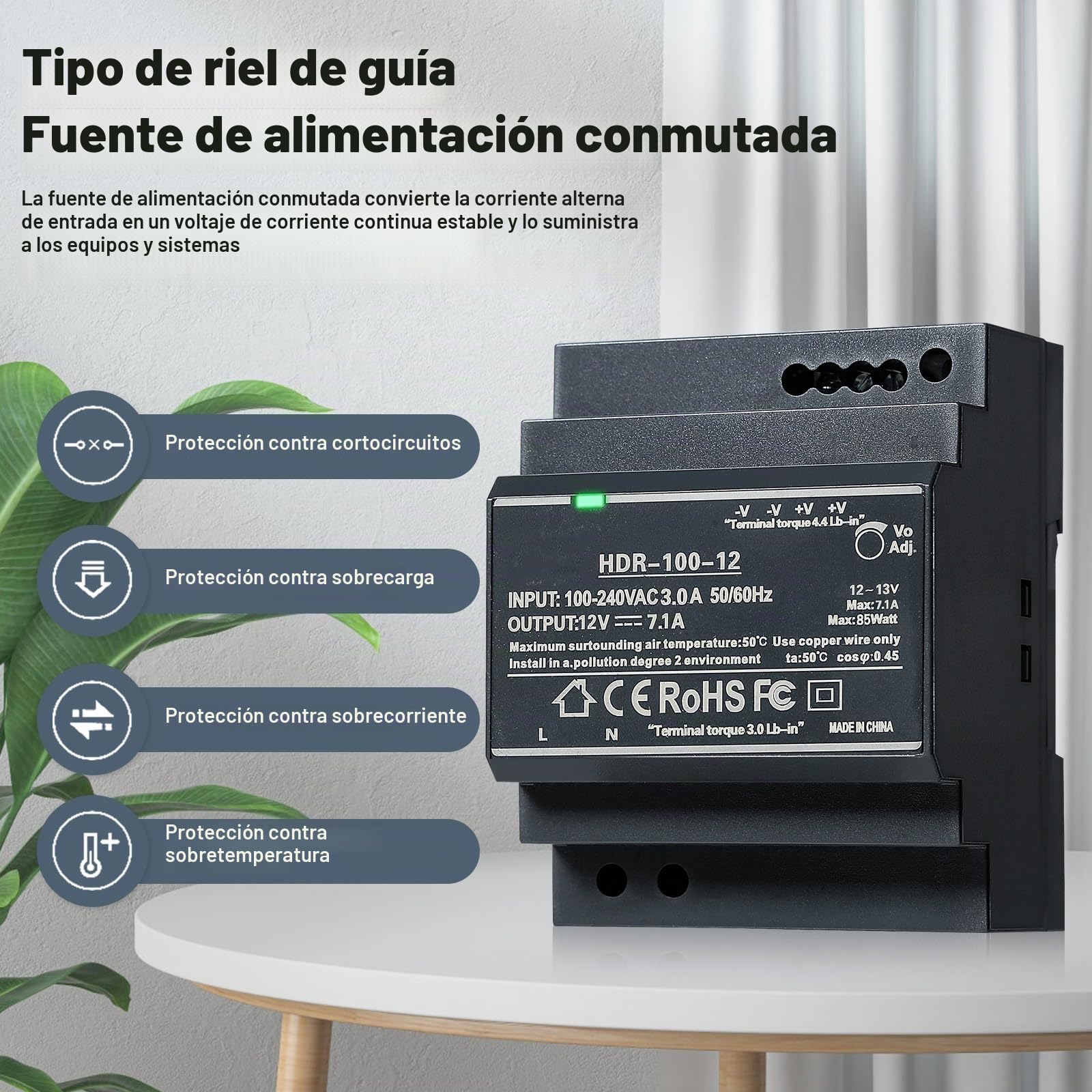 DEWIN Fuente de Alimentación DIN DC 12V 7.1A 100W Transformador 220v a 12v para montaje en carril DIN, Entrada de CA 100V-240V, Salida de CC 12V, HDR-100-12