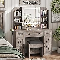 Vista 11 de Vabches Escritorio de tocador de maquillaje, espejo de tocador con luces, escritorio y silla, mesa de maquillaje con 3 cajones grandes y 2
