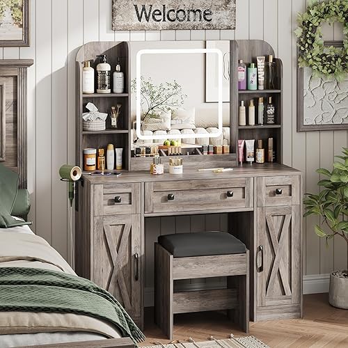Vabches Makeup Vanity Desk, Vanity Mirror with Lights Desk and Chair,Makeup Table with 3 Large Drawers and 2 Cabinets, Time and Temperature Display, 3 LED Lighting Modes Adjustable, Grey