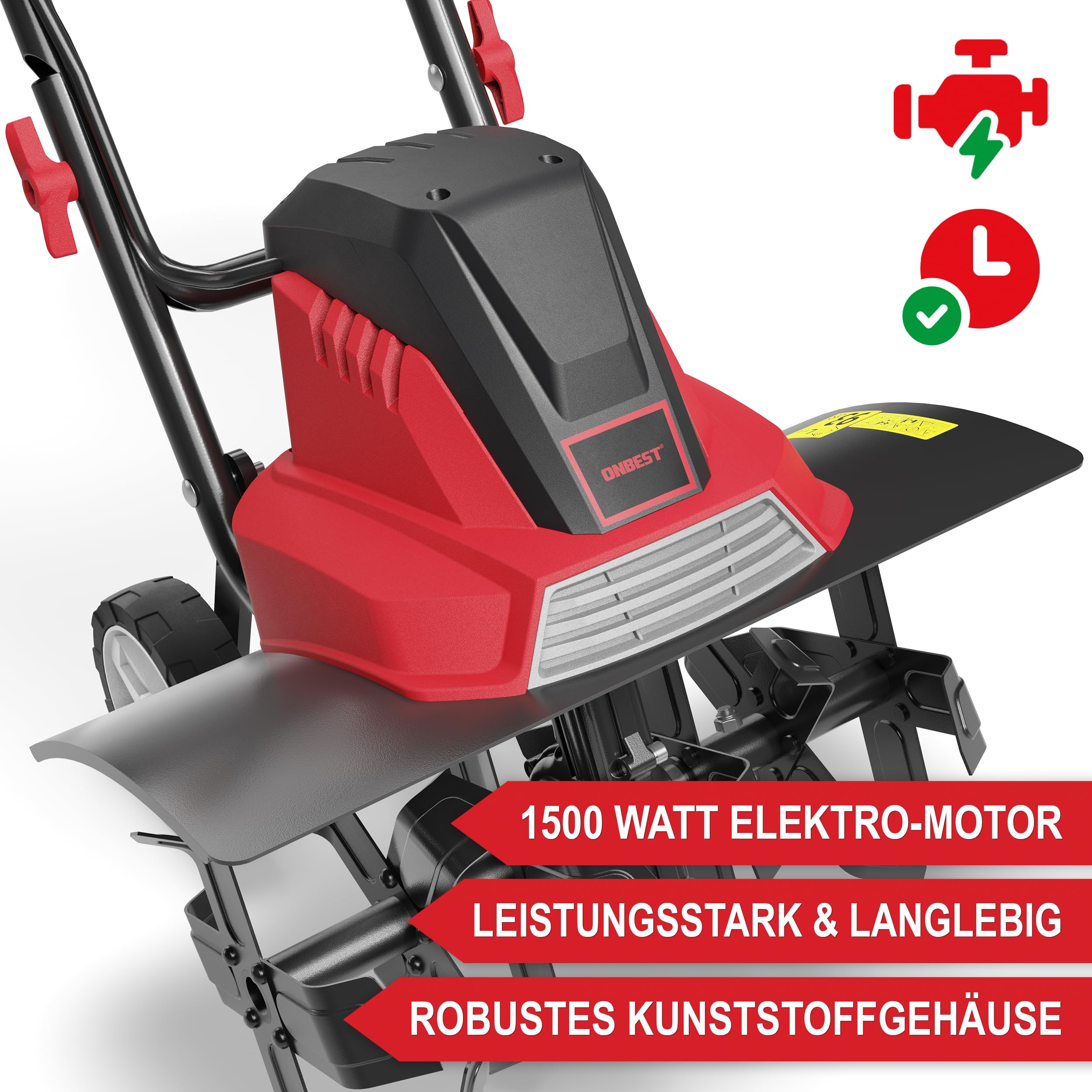 ONBEST Elektro Gartenfräse – 45 cm Arbeitsbreite – 1500 Watt Motor – 24 Messer – elektrische Bodenhacke Motorhacke – Gartenhacke – Kultivator – zum umgraben und auflockern vom Boden