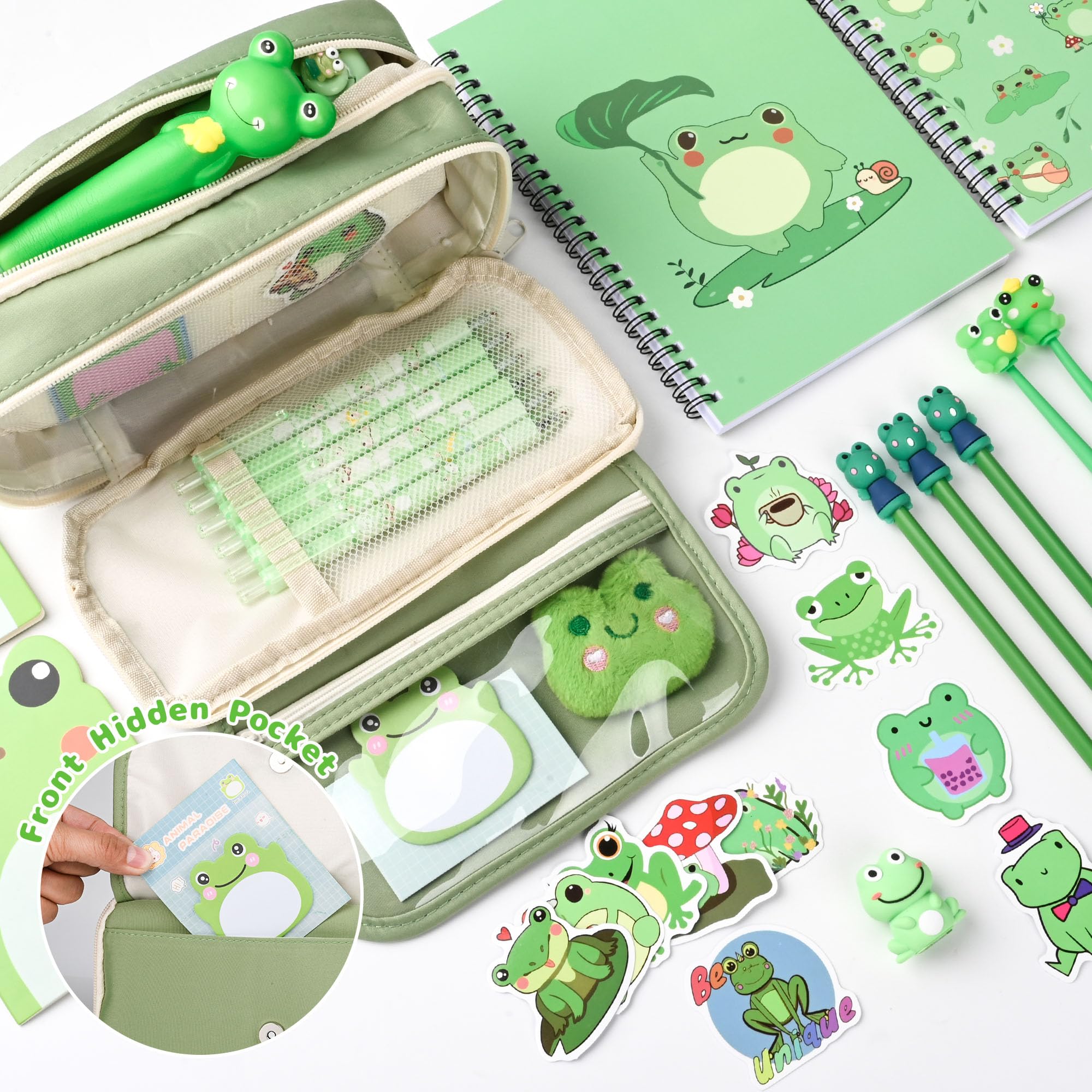 Simpatico set di cancelleria con panda in stile cartone animato, regalo di compleanno per ragazzi e ragazze, ricompense per ufficio con penna a sfera, matite, gomme, note adesive, ecc. (Rana)