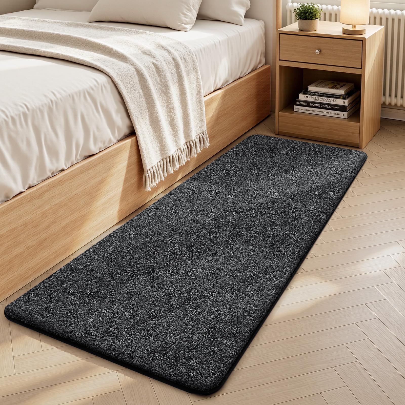 Sour Lemon Modern Rugs Living Room, Soft Shaggy Non-Slip Runner Rug for Bedroom, Fluffy Washable Short Pile Floor Carpets, Bedside Rugs for Kids Room Entryway Hallway, 80x150cm, Dark Grey-White