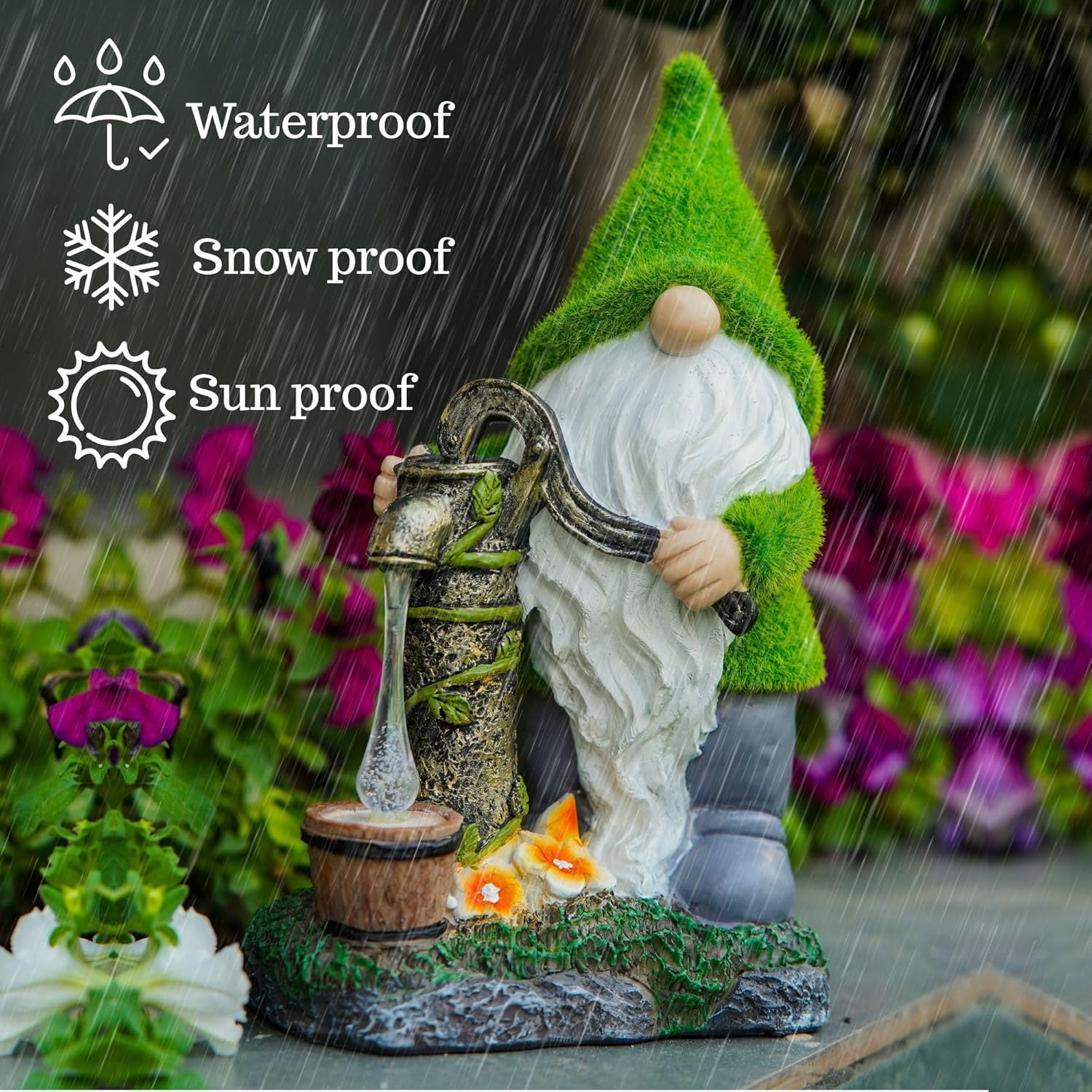 Water Pump Gnome Garden Decor for Yard/Lawn/Patio/Deck - Outdoor Weatherproof Statue with Solar Light - Moss Effect - Fun Spring & Summer Charming Gnomes Gifts for Women (Forest Green) - Image 2