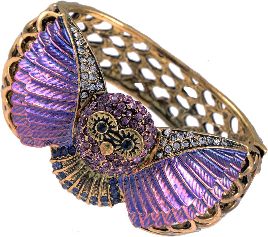 Alilang Lavendar Purple Painted Owl Bird Wing Crystal Rhinestone Bangle Cuff
