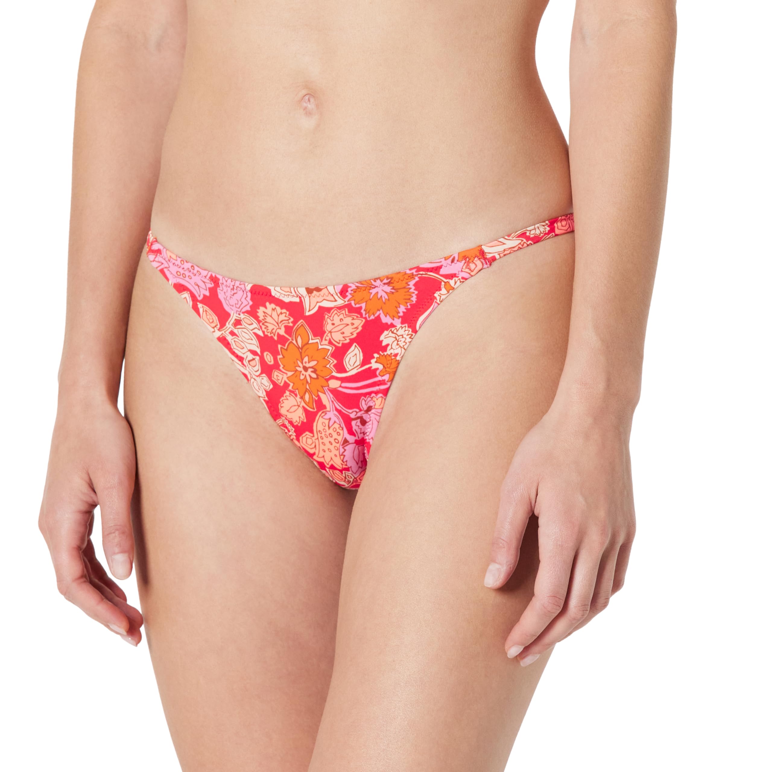 Amazon Essentials Women's No-Tie String Swim Bikini Bottoms, Bright Poppy Red Folk Floral, 18