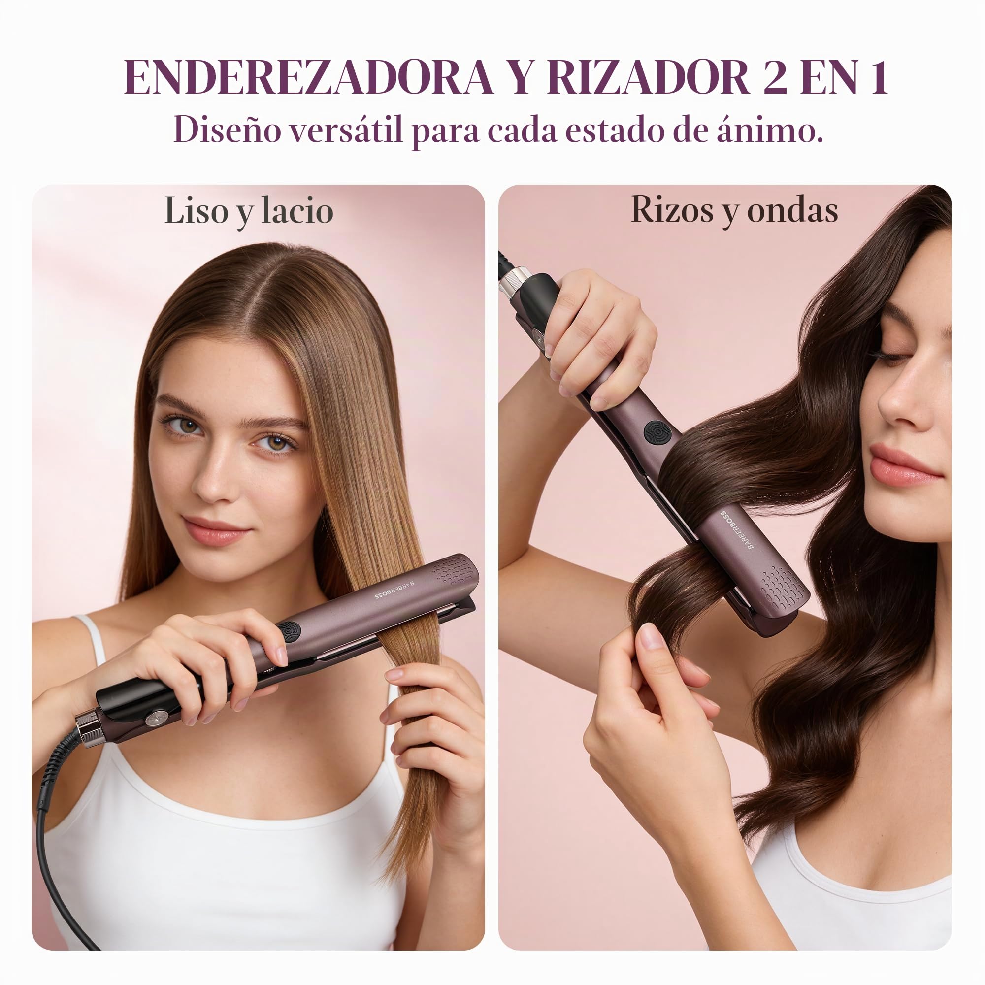 BarberBoss Plancha de pelo profesional de cerámica con placas móviles, tecnología de iones y queratina para todo tipo de cabello, alisador de peluquería (QR-8411, morado)