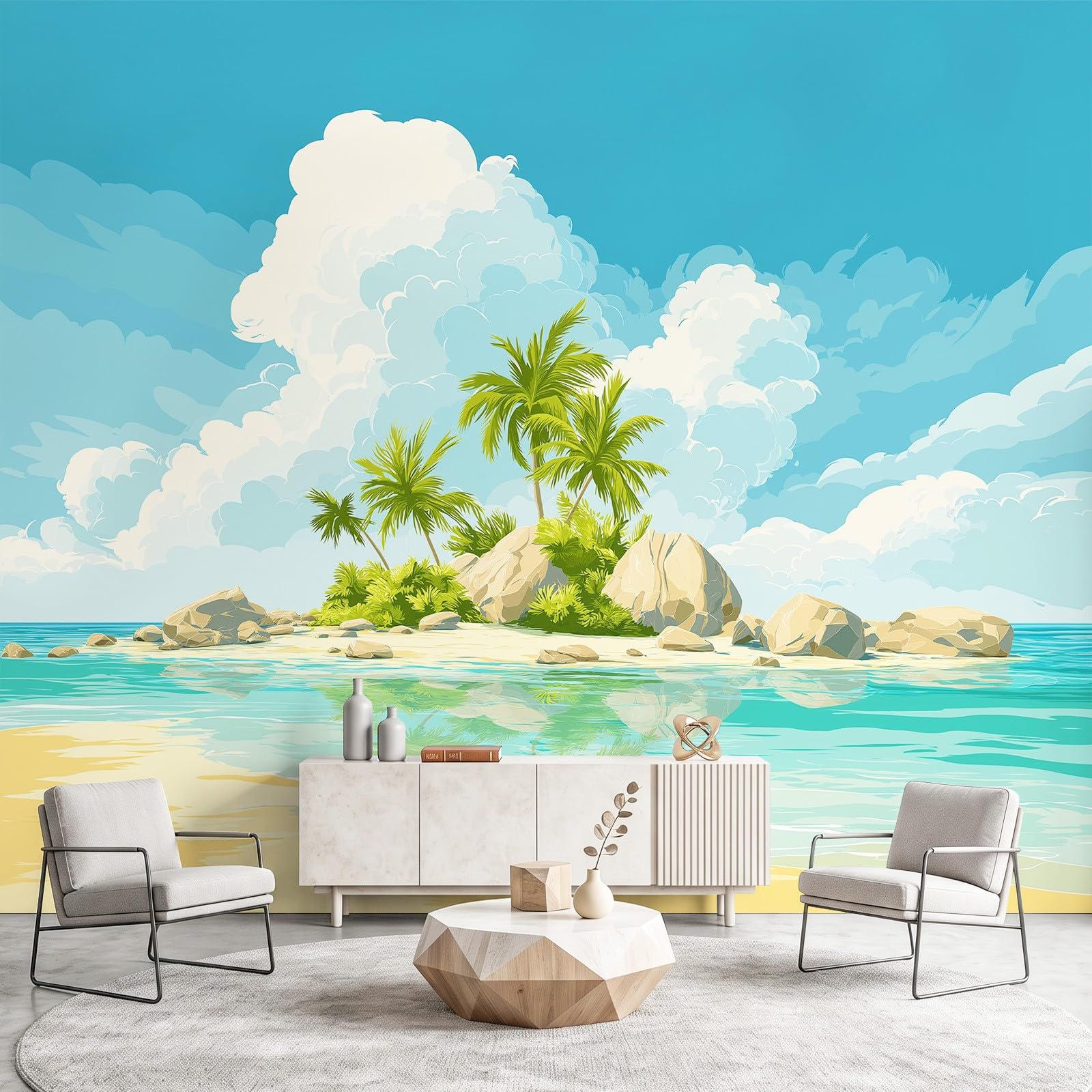 Générique Ciepła tapeta, krajobraz panoramiczna tapeta 300 x 210 cm do salonu dekoracja pokoju dziecięcego dekoracja ścienna do pokoju dziecięcego, wyspa, palma, morze