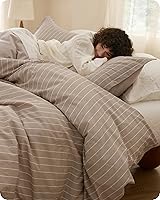 Bedsure Striped King Duvet Cover Set - 100% Washed Cotton Linen-Like Texture, Breathable Tan/White Stripes, 104x90 Soft & Stylish