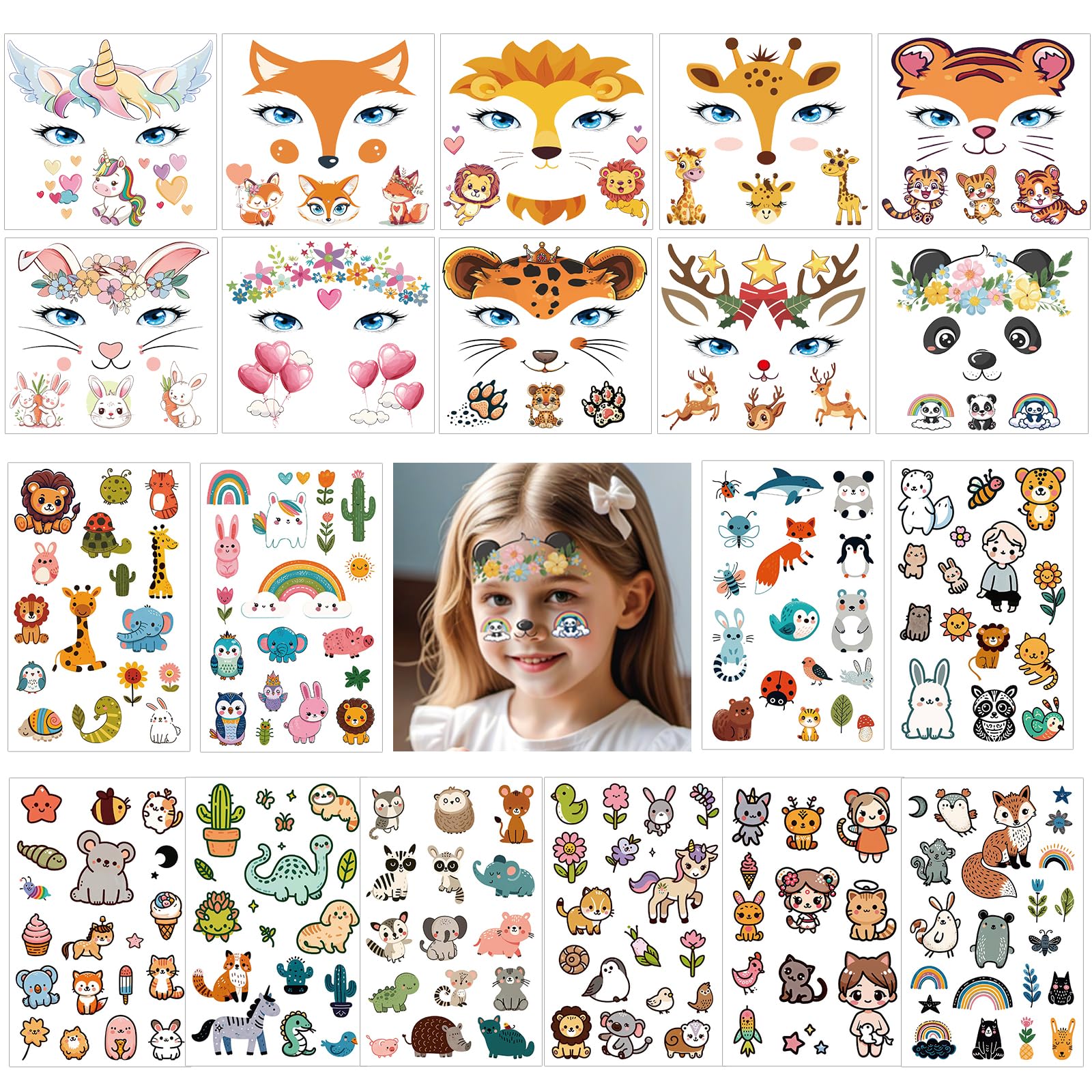 Konsait 20 Sheets Animal Tattoos for Kids, Face Tattoos Fox Lion Deer Rabbit Fake Tattoos Temporary Tattoo for Boys and Girl Birthday Party Halloween Face Makeup Tattoos