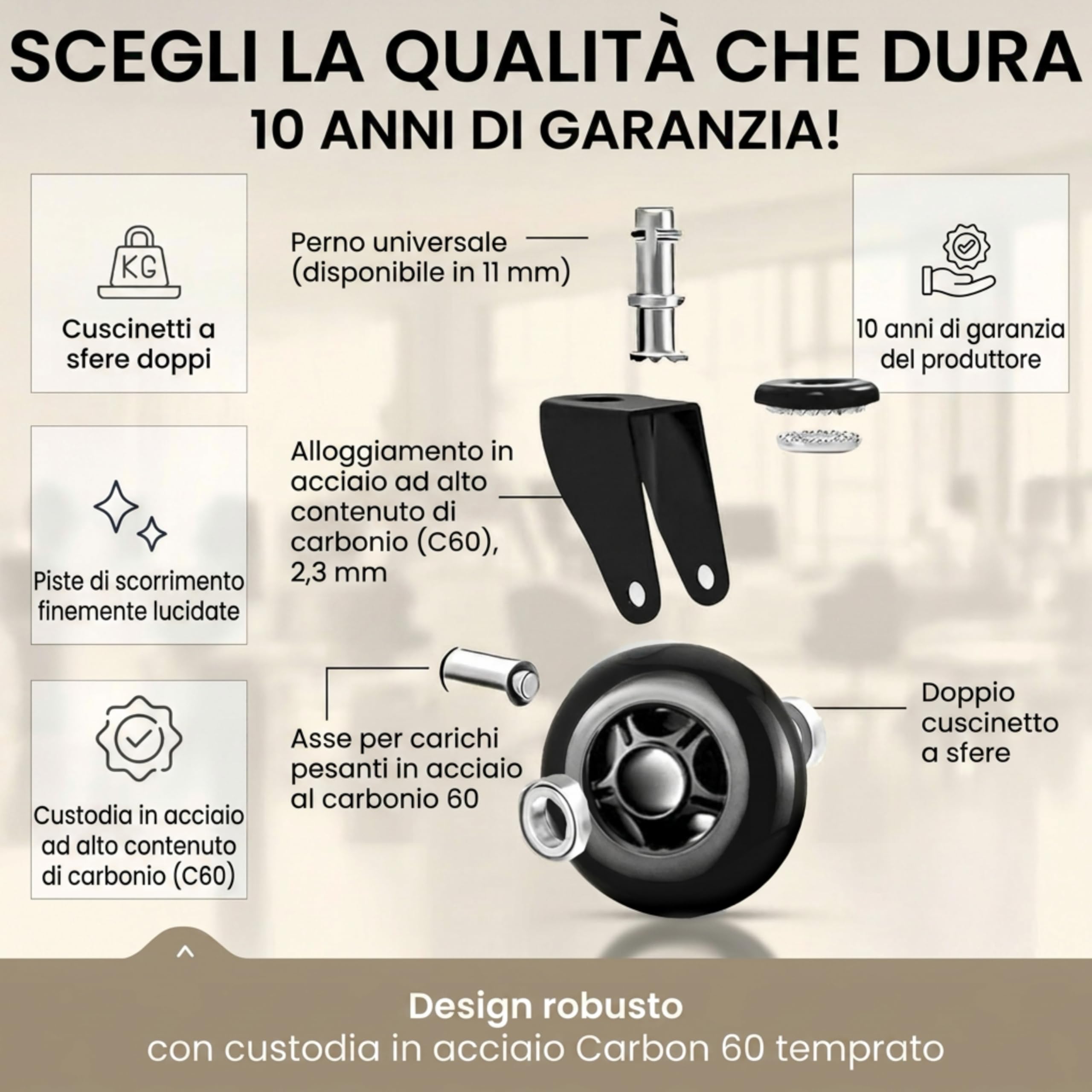 Set premium da ruote sedia ufficio 11 mm x 22 mm – Certificato SGS fino a 400 kg (900 lbs) – Ruote durevoli, silenziose e delicate sui pavimenti – Rotelle per mobili facili da montare