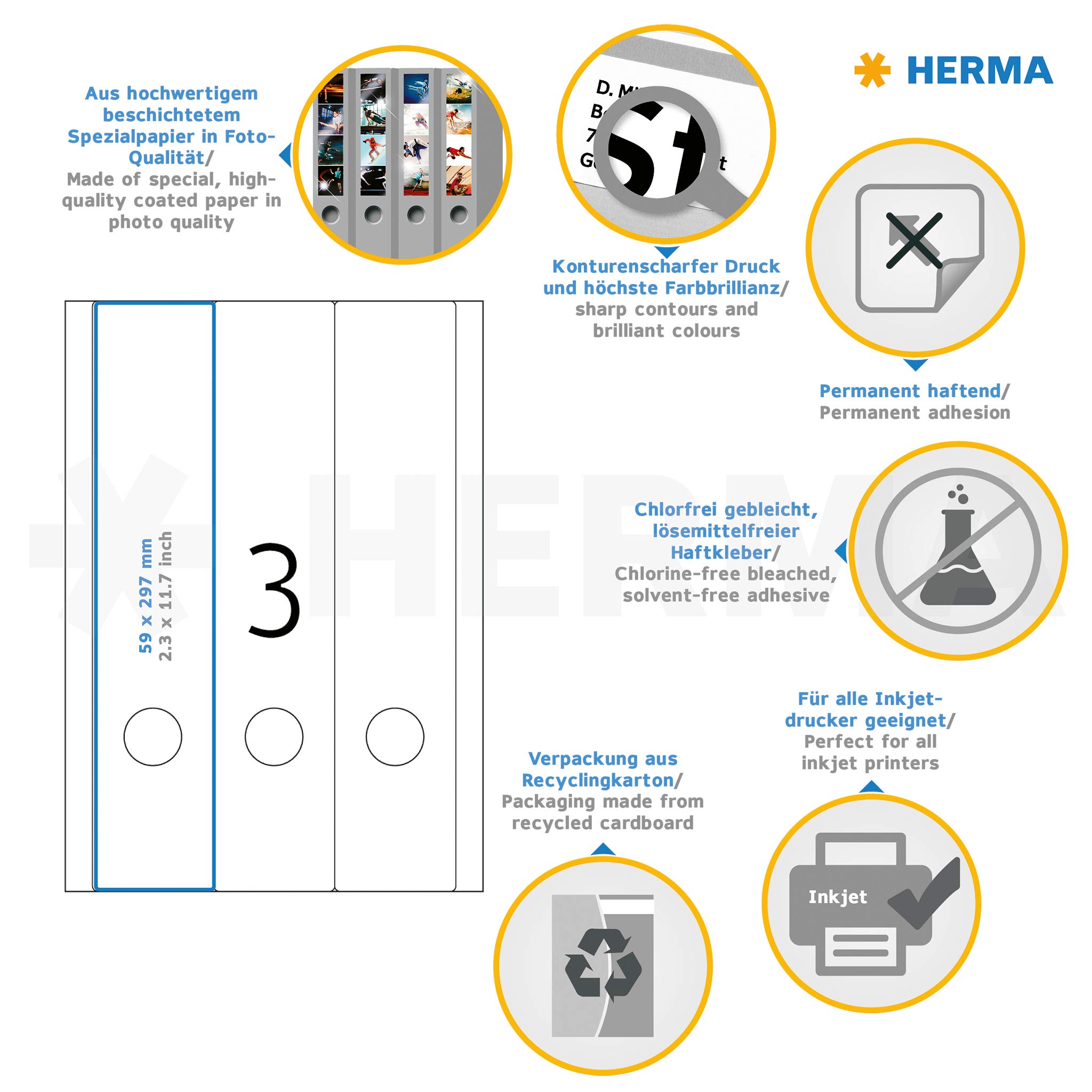 HERMA Etichette per Raccoglitori, 61 x 297 mm, Etichette Adesive A4 per Stampante, 3 Etichette per Foglio, Bianco