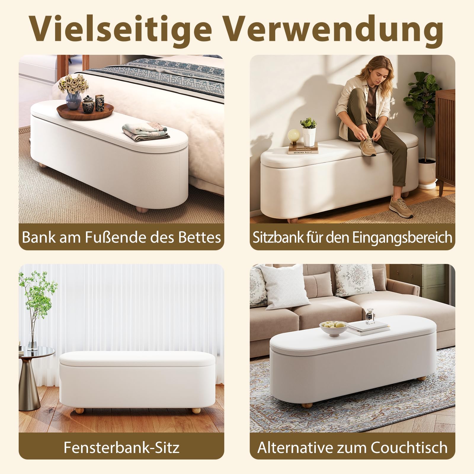 COSTWAY Sitzbank mit Stauraum 150L, 139cm Sitztruhe mit Klappdeckel, als Bettbank & Flurbank & Fußhocker, Aufbewahrungskiste gepolstert für Schlafzimmer, Wohnzimmer, Eingang, 139 x 40,5 x 48,5cm, weiß