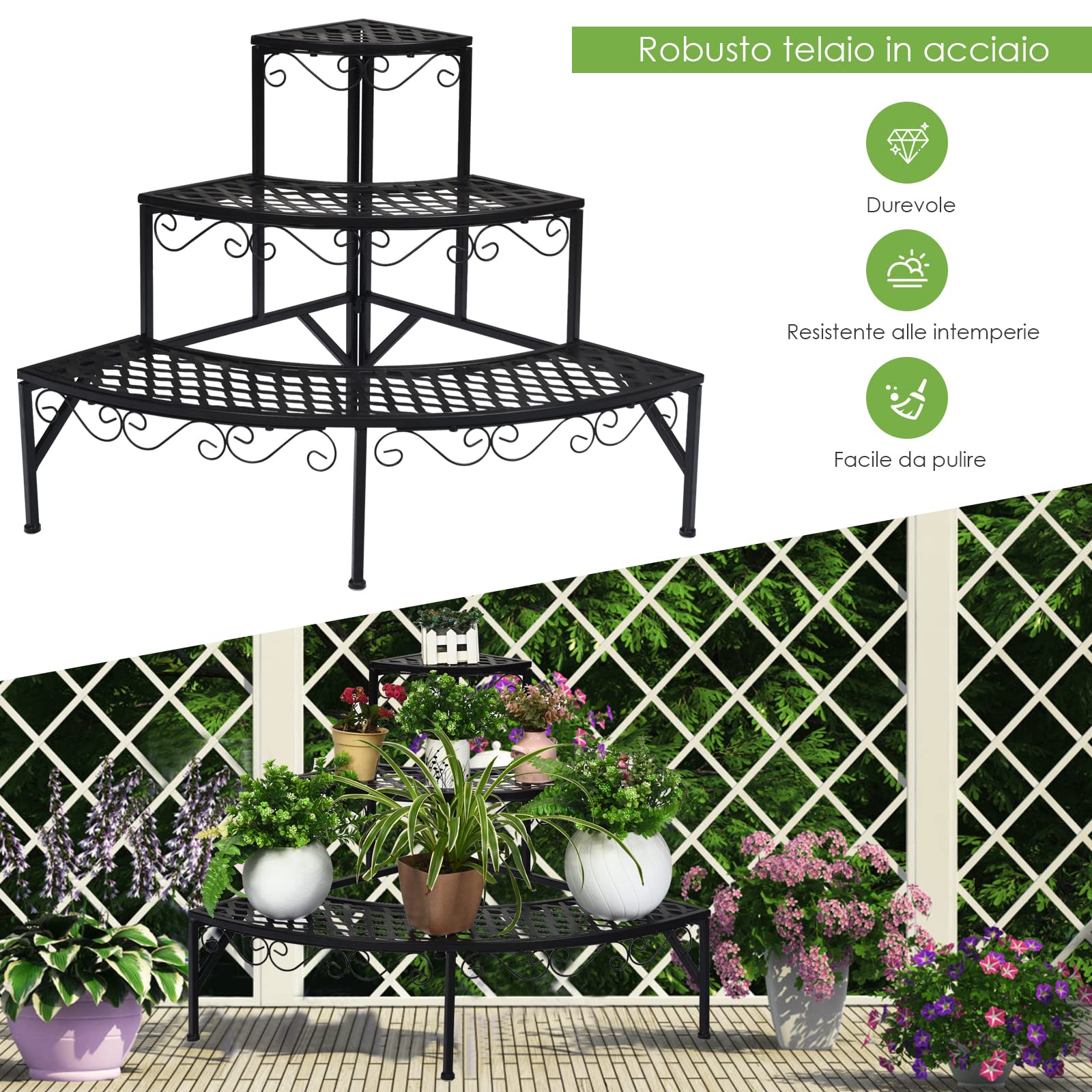 COSTWAY Scaffale Portafiori a 3 Ripiani, Porta Piante da Esterno e Interno a Scala, Scaffale Porta Vasi di Metallo per Balcone, Soggiorno e Giardino, 59 x 59 x 61 cm