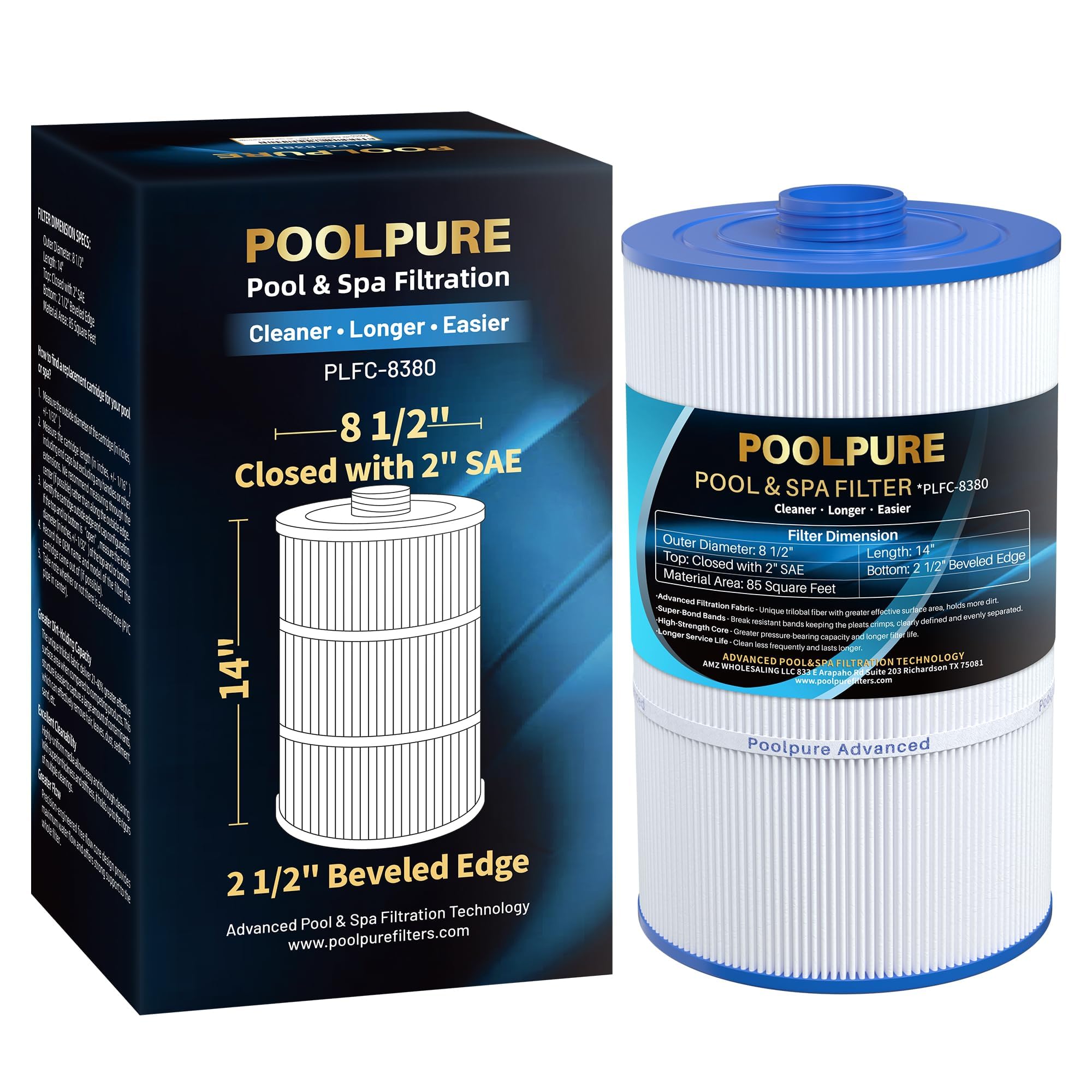 POOLPURE Replacement Filter for Sundance 6540-501, PSD85-2002, Unicel C-8380, Filbur FC-2810, Excel Filters XLS-840, Aladdin 18007, Baleen AK-70031, Magnum SU80, 85 sq.ft Filter Cartridge