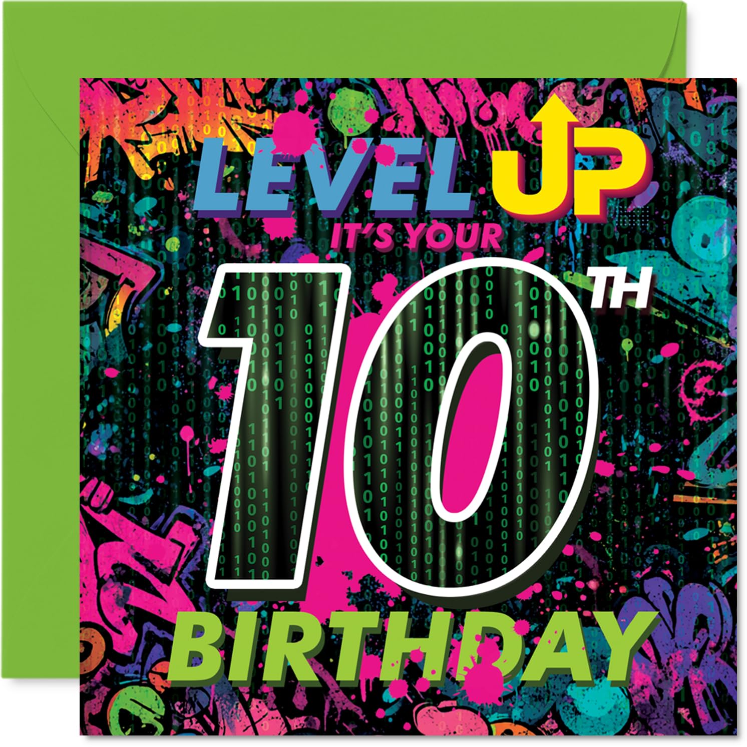 Playful 10th Birthday Card - Level Up to Double Digits - Vibrant Gaming Neon Design - Perfect for Young Gamers' Milestone Moments - 145mm Square, Envelope Included