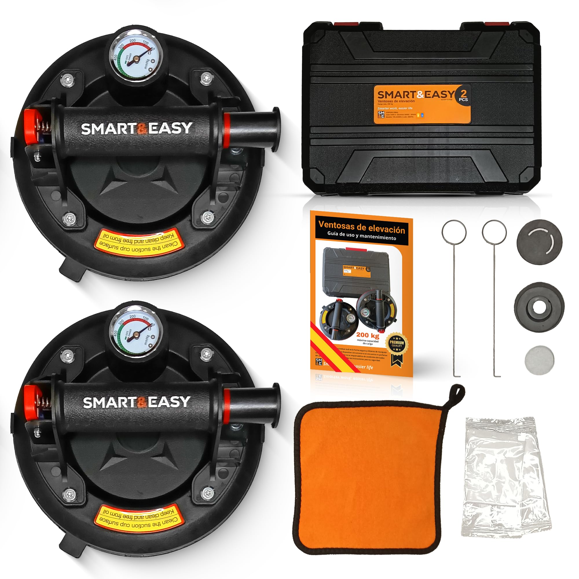 SMART&EASY Set 2 Ventosas para Azulejos con Manómetro 200 kg Succión 200 mm Diámetro Maletín Compacto