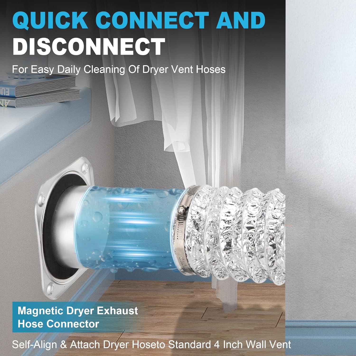 Magnetic Dryer Vent Coupling, DV180 Airtight Seal Drver Vent Hose Quick Connector Kit- Strong Magnet with Sturdy Connection, Easy to Clean Included a 2.8ft 4" Duct & 2 Clamps