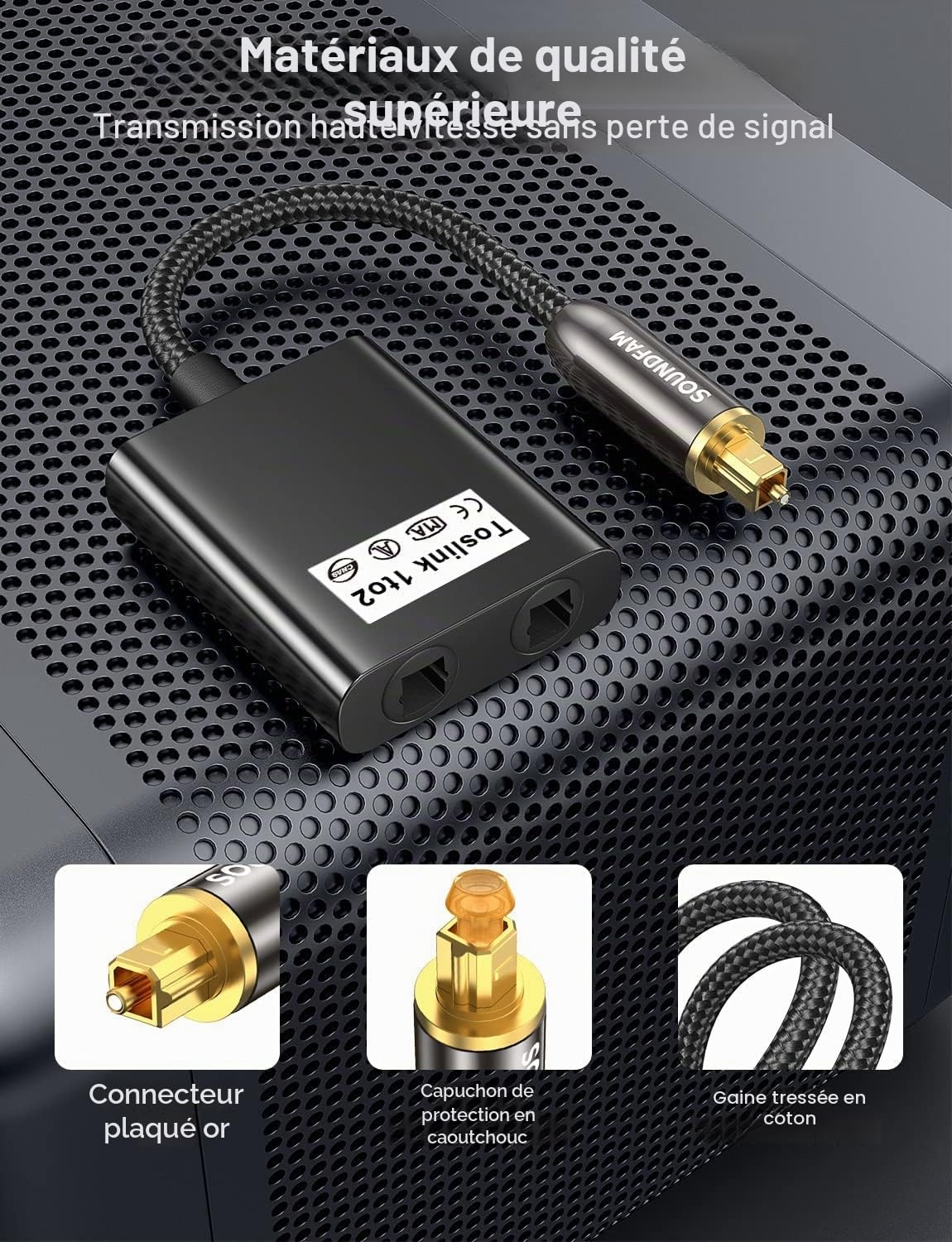 Répartiteur Fibre Optique Répartiteur Câble Optique Audio 1 Entre 2 Sorti Adaptateur Audio Numérique Toslink pour Barre, TV - Noir