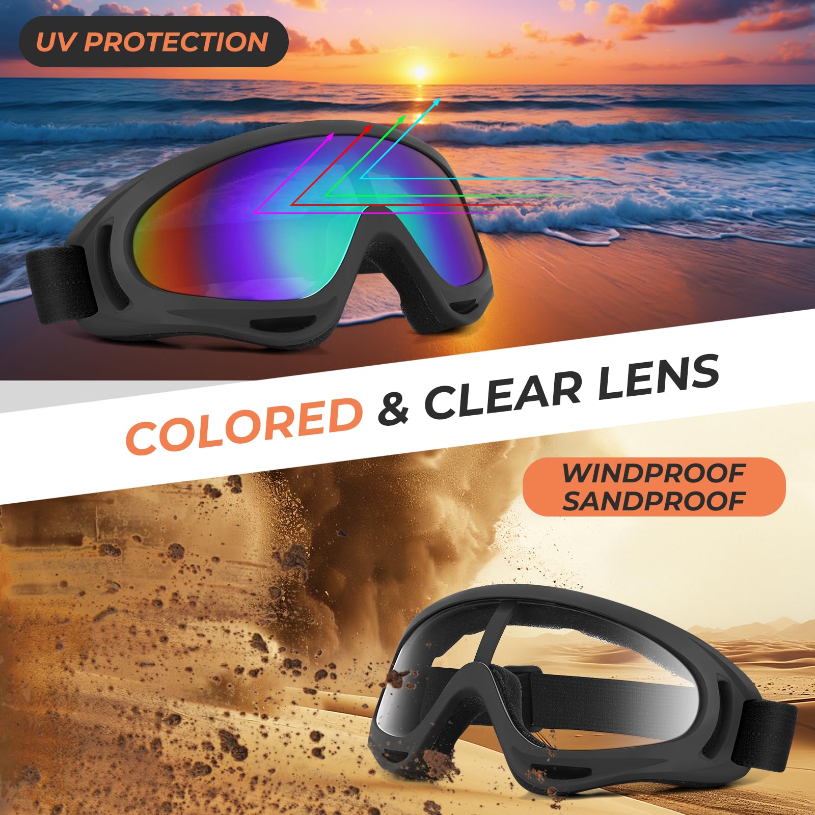 Lot de 3 paires de lunettes de moto rembourrées pour moto tout-terrain, VTT, ski, motocross, équitation, protection UV, anti-poussière et coupe-vent pour homme, femme, enfant (transparent, noir +