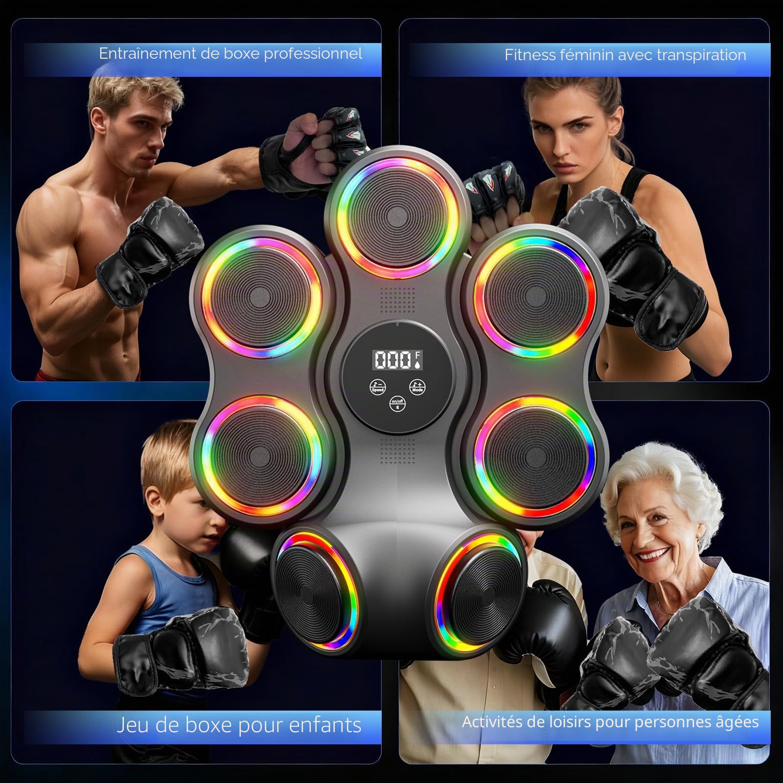 Machine de boxe musicale avec gants de boxe, entraîneur de boxe Bluetooth intelligent, machine de montage mural pour adultes et enfants, cible de boxe électronique pour la maison, le bureau, la salle