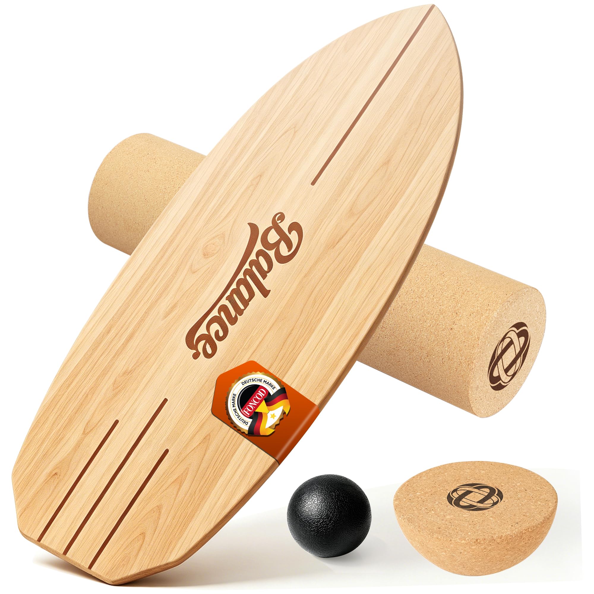 Balance Board aus Massivholz, 78 x 30 cm, bis 204 kg – Komplett-Set mit Rolle, Halbkugel & Faszienball – rutschfestes Gleichgewichtsboard für Fitness, Yoga & Reha,Holz