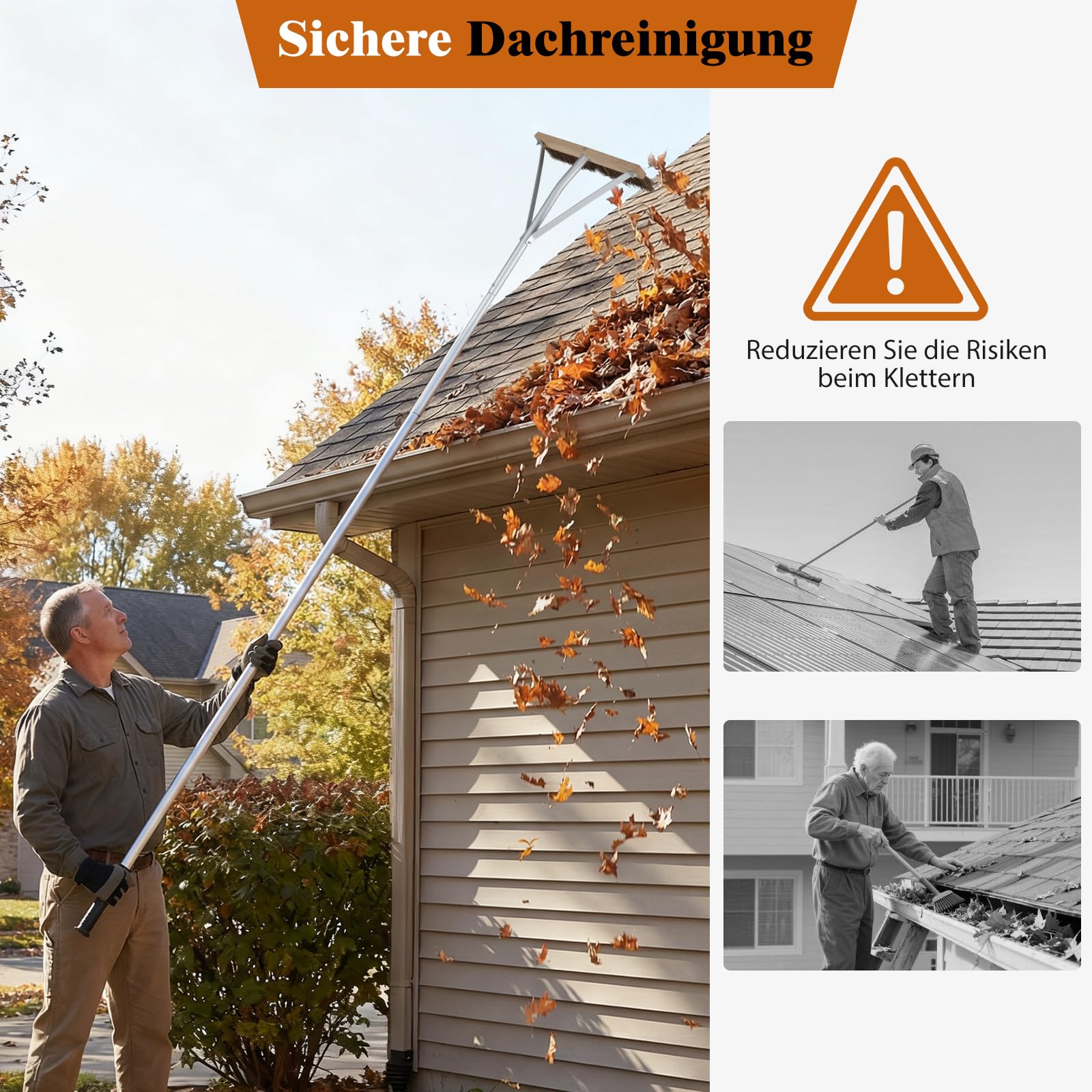 GYMAX verstellbares Dachbesen 165-626 cm, Gartenharke mit Bürstenkopf & Rutschfester Griff, Laubrechen für Landschaftspflege Gartenpflege