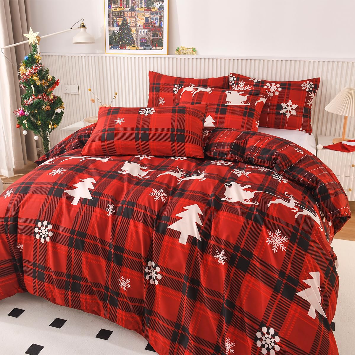 ZIQINPSQ Christmas Deer Plaid Duvet Cover Set Double, Holiday Themed Bedding Set for Xmas and New Year Gifts - Image 4