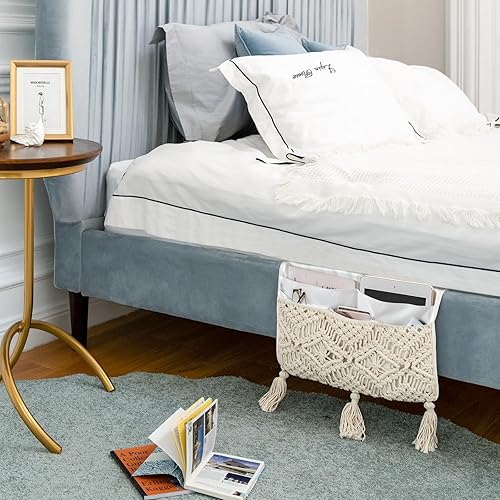 Miniatura 10 de Mkono Organizador de reposabrazos de macramé para sofá, con control remoto, cesta de almacenamiento de revistas, cama, sofá, silla, mesita de noche