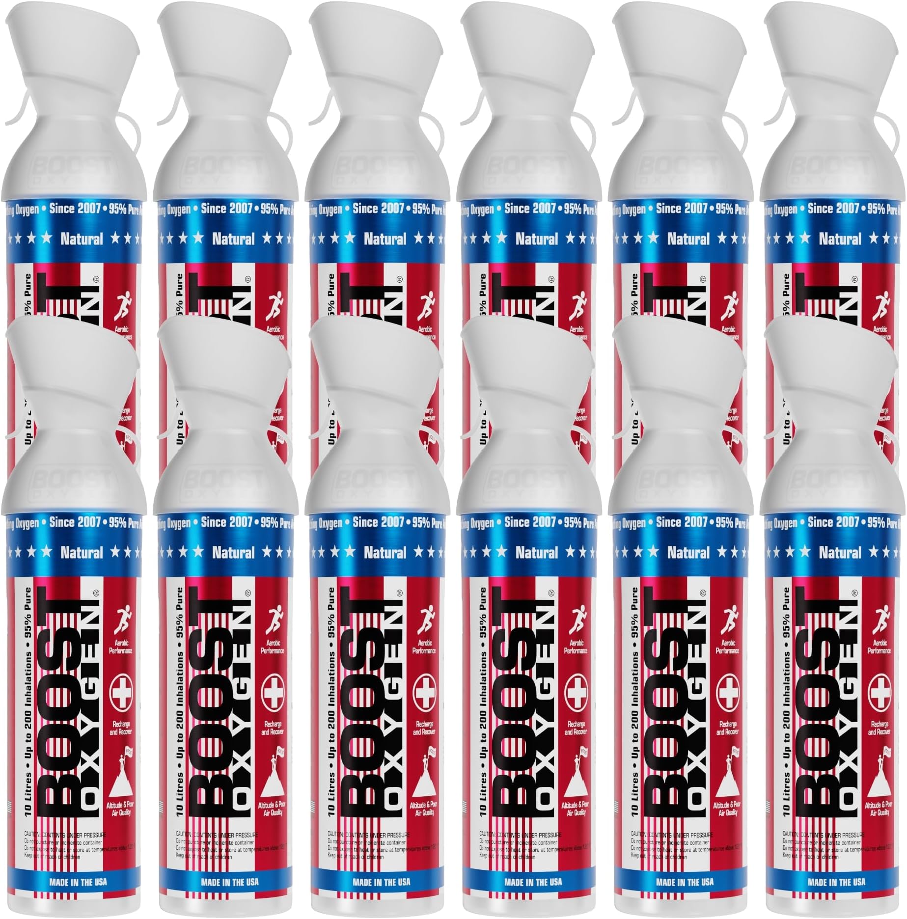 Boost Oxygen Large Natural Stars & Stripes 10L Canister | Respiratory Support for Aerobic Recovery, Altitude, Performance & Health (12 Pack)