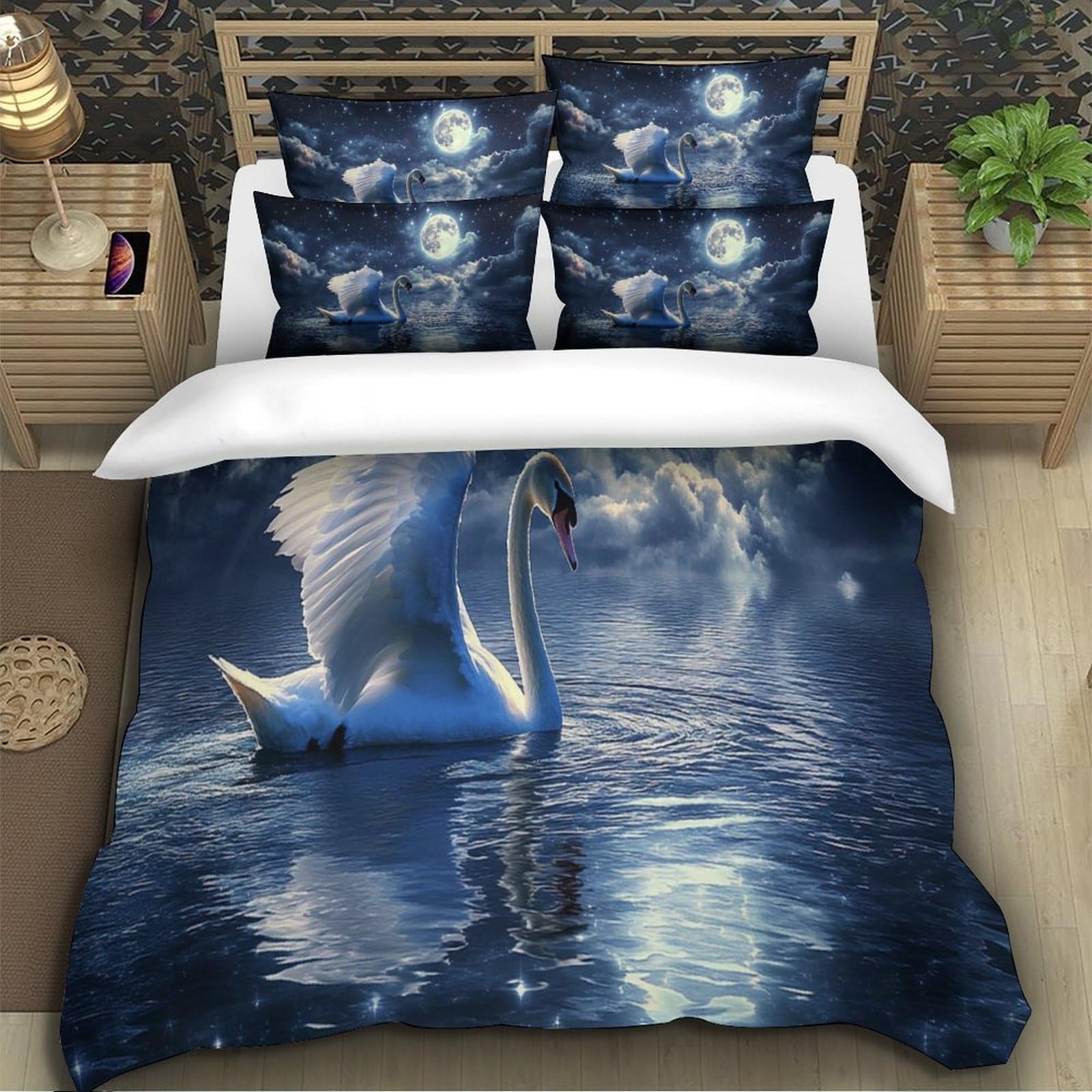 Chiaro di luna del cigno Impressione 3D 3 pz fodera per edredone Scena di fantasia notturna coperteletto microfibra morbida traspirante per ragazzi bambini adulti Super king（260x220cm）