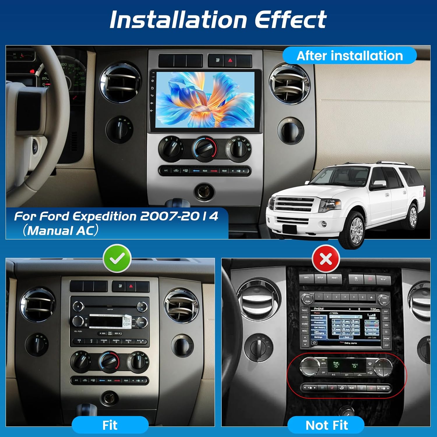 [4+64G] Android Car Radio for Ford Expedition 2007-2014 (Manual AC) - Wireless Carplay and Android Auto - 9 Inch 1280 * 720 HD Touchscreen Car Stereo - 32 EQ/WiFi/GPS/SWC + AHD Backup Camera