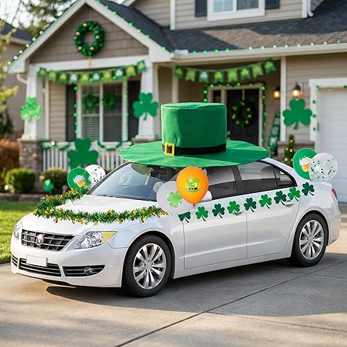 Miniatura 6 de 19 Pcs St. Patrick's Day Parade Car Decoration Kit Including Giant Hat Shamrock Hanging Banner Green Tinsel Garland Balloons, Irish Golf Cart Float