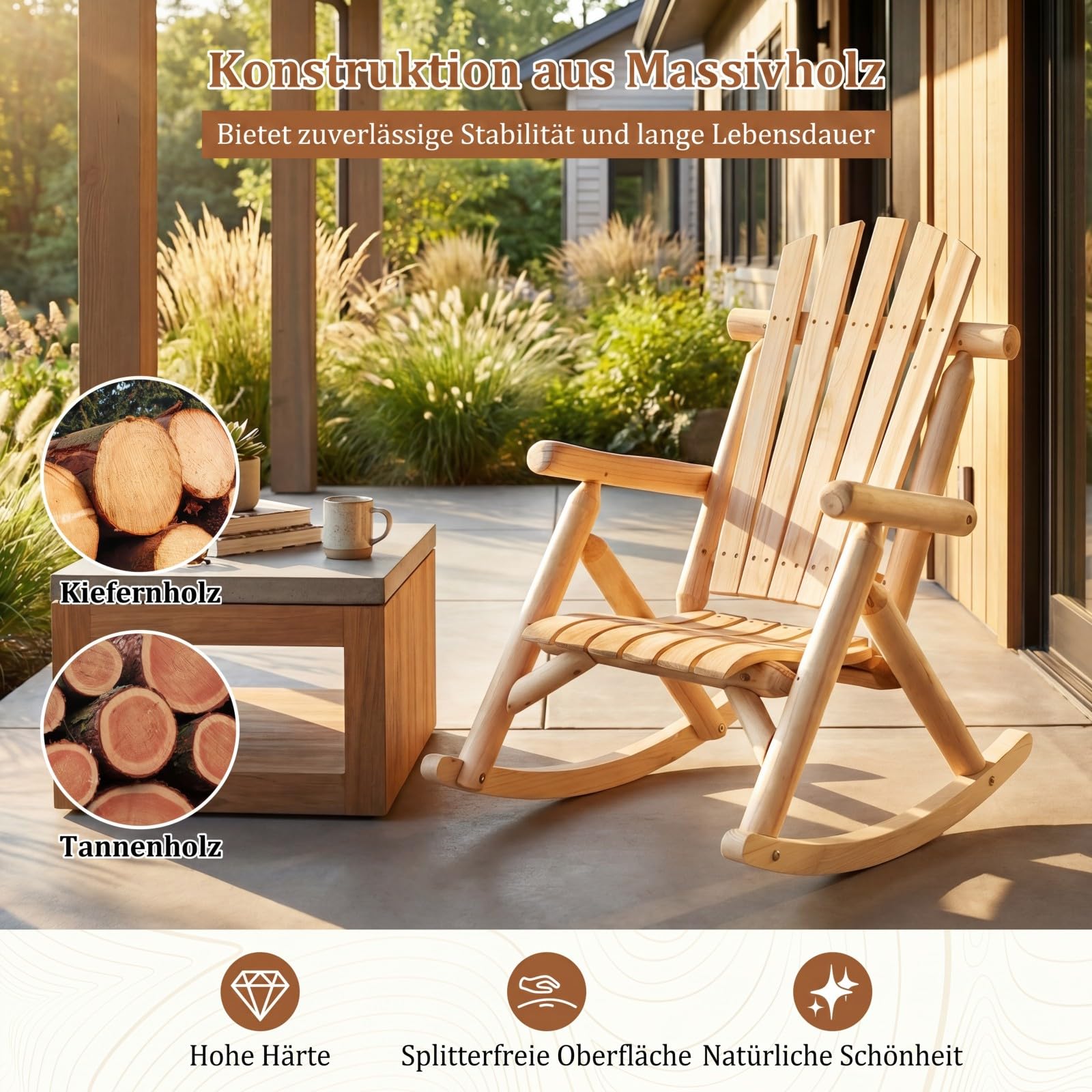 COSTWAY Schaukelstuhl, Schaukelsessel aus Massivholz, Relaxstuhl mit hoher Rückenlehne und Lattenrost Sitz, Schwingsessel, Gartenstuhl für Garten, Terrasse, Balkon, Natur