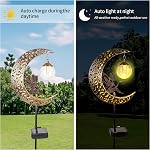 Lampes solaires Jardin extérieur Décor LED Luminaires en verre de fée de lune Étanchéité ornement métallique pour la cour de pelouse de patio décorations extérieures- Idées cadeaux uniques pour le jardinage (blanc chaud)