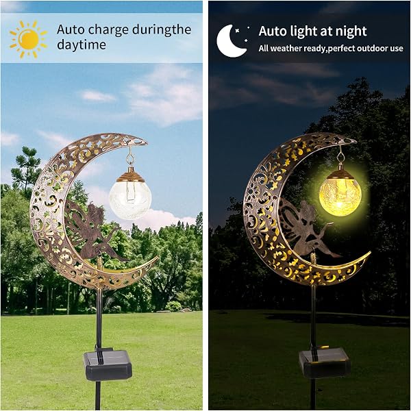 Solar Garden Lights Outdoor Decor,Moon Fairy Crackle Glass Lights,Waterproof Warm White LED Metal Stake Ornament,for Walkway Backyard Patio Lawn Pathway Decorations-Unique Gift Ideas for Gardening - 5