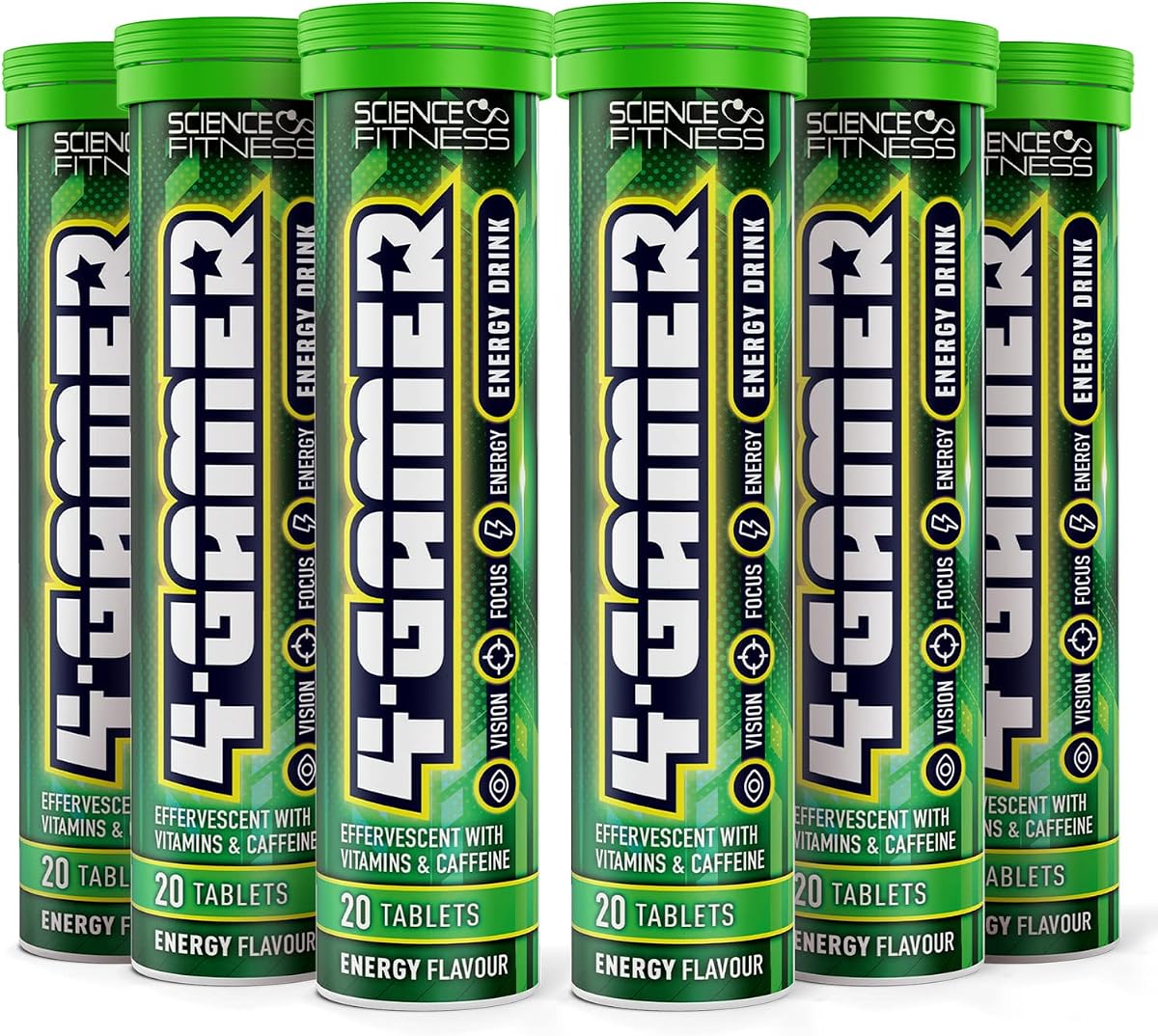 Gaming Supplement 4Gamer- Stimulants for Energy, Focus &amp; Vision - Nootropic Brain Booster with Caffiene, Taurine &amp; Vitamins (6 Tubes)