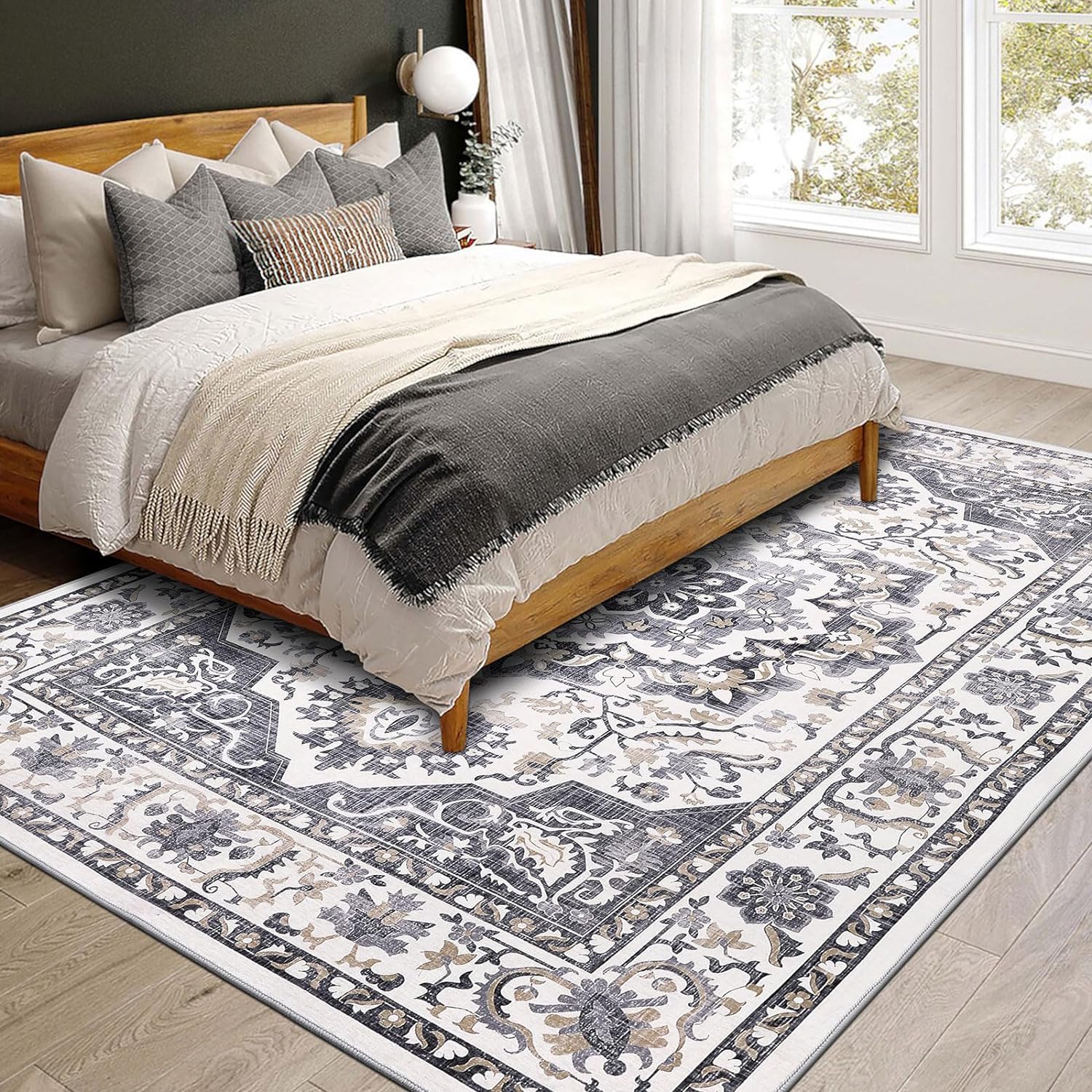 SHACOS Tappeto Salotto Stile Bohémien Retrò, Pelo Corto Tappeto Morbido Camera da Letto Antiscivolo e Lavabile Tappeti Moderni Soggiorno Tappeti di Zona, Grigio Scuro, 160 x 220 cm